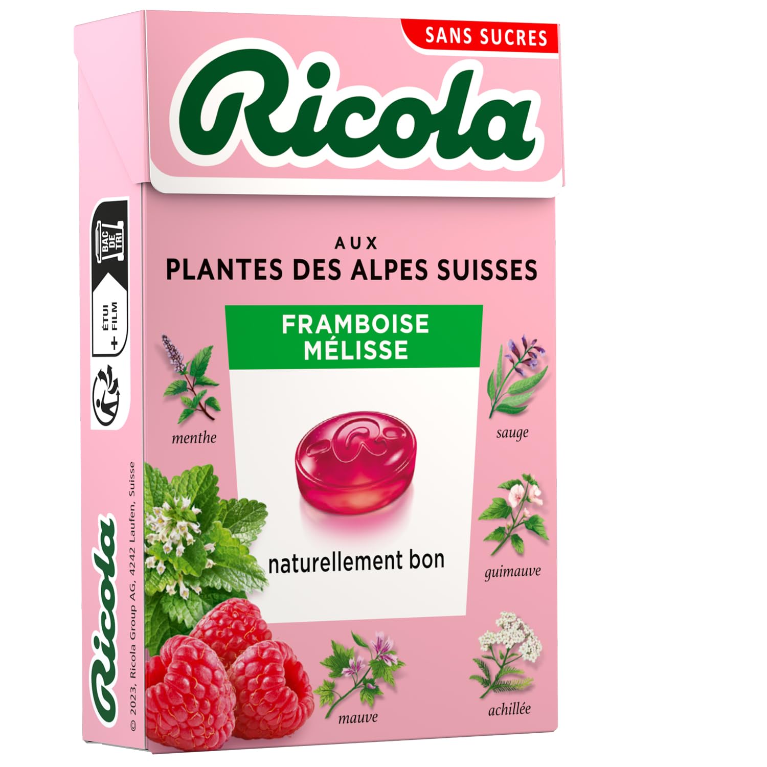 Ricola - 20 paquetes de 50 g - Caramelos con plantas suizas - Frambuesa Melissa - Refrescante - Sin azúcar -