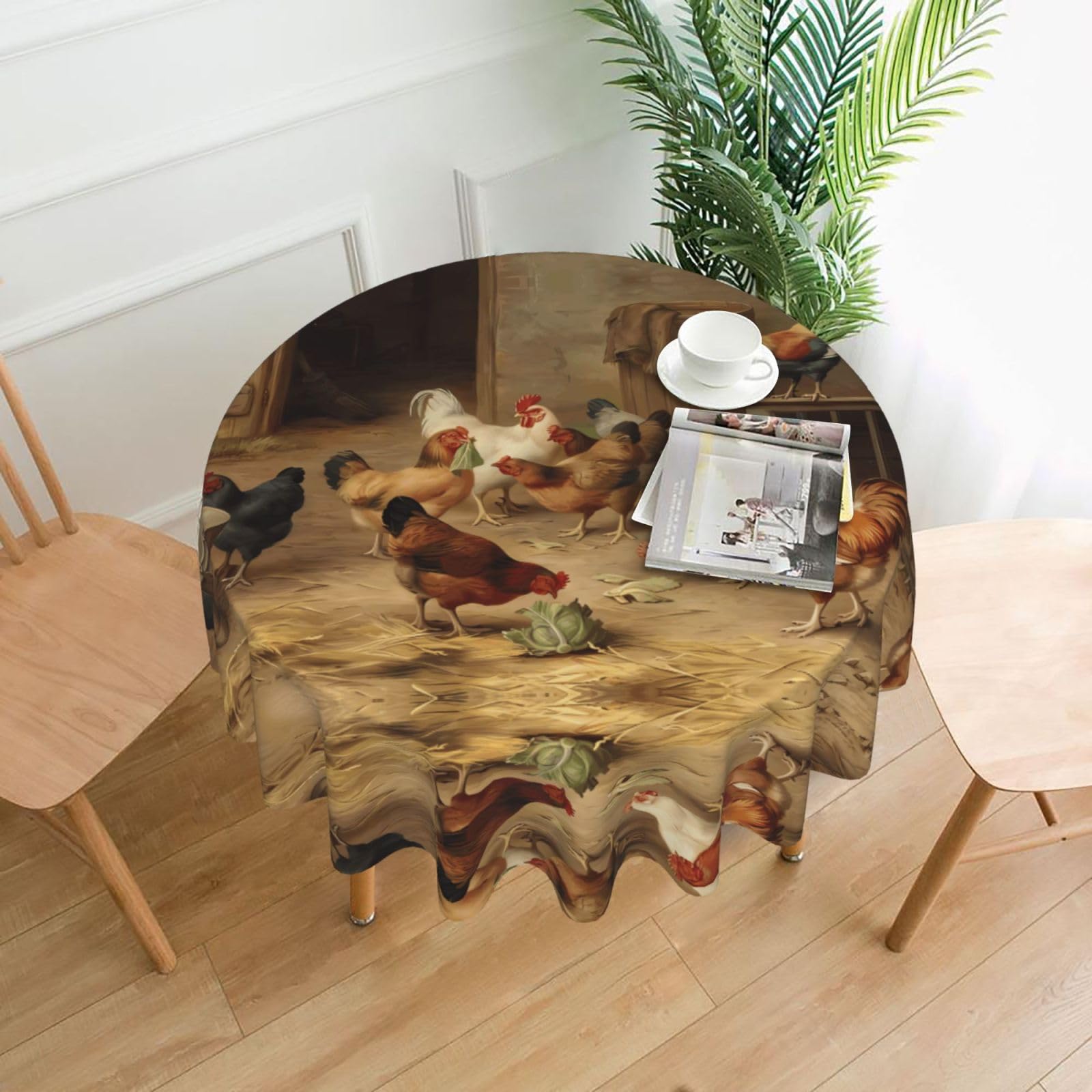 YYHHAOFA Farm Chickens Prints 60in Round Decorative Tablecloth – High-Grade Polyester Throw Cover for Dining, Parties, and Outdoor Events