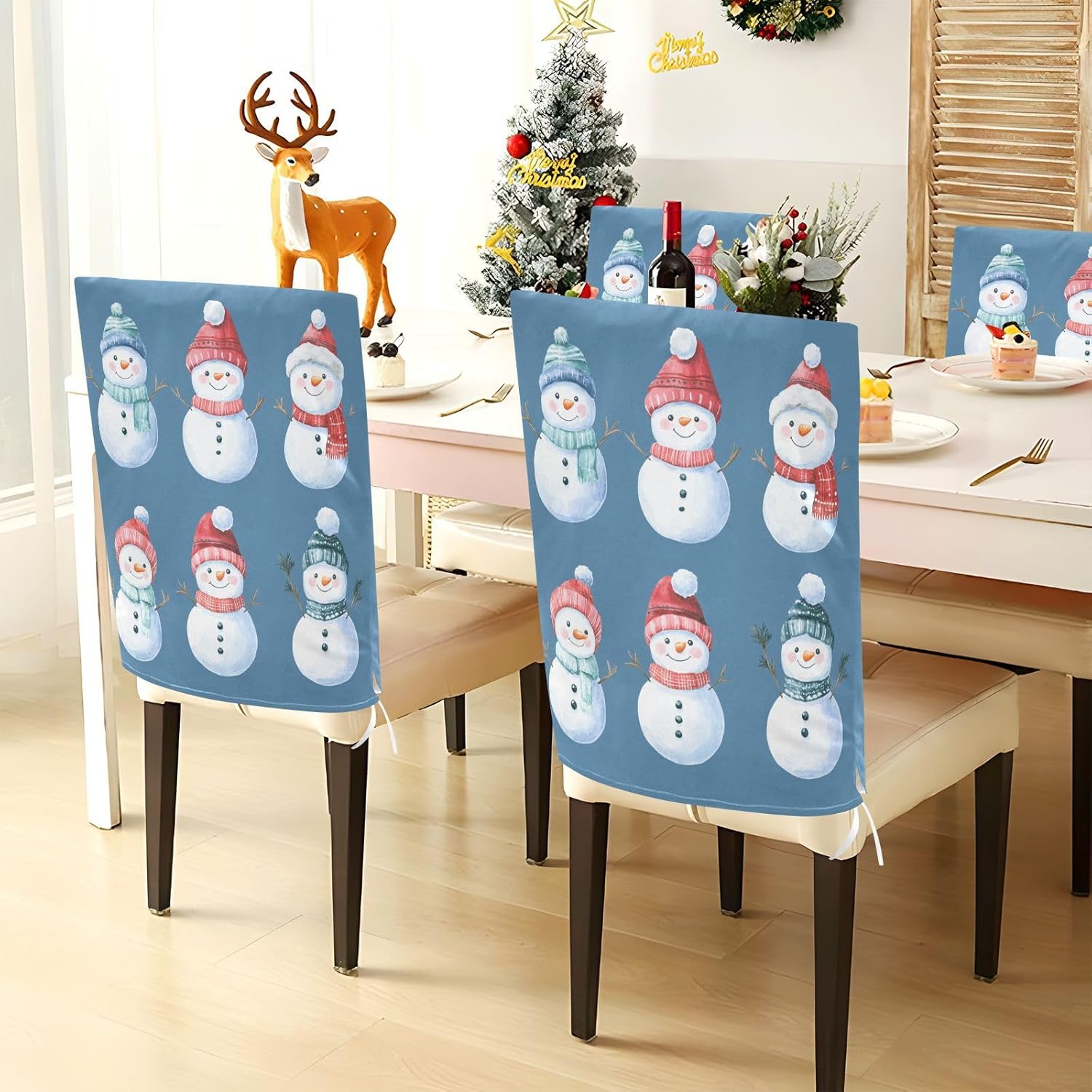 MNSRUU Christmas Chair Back Cover for Dining Room,Snowman Chair Slipcovers Set of 6,Snowman Chair Cover for Kitchen Hotel Holiday Party Decor,418