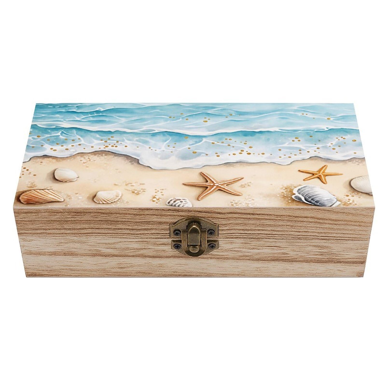 Beach Waves Seashells Starfish Sand Ocean Vintage Wooden Keepsake Box with Hinged Lid And Locking Clasp, Decorative Storage Box for Jewelry, Trinkets And Small Accessories, Organizer for Home Or Weddi
