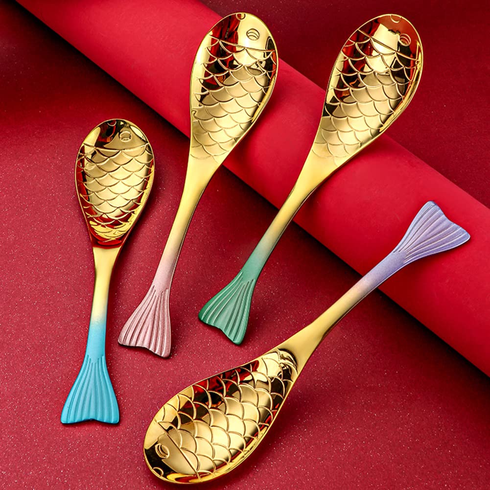 SELLONWANELO Creative 304 Stainless Steel Dinner Spoons Set Domestic Soup Ladle Golden Fish Shape Spoon Dining Tableware Set (Small Set)