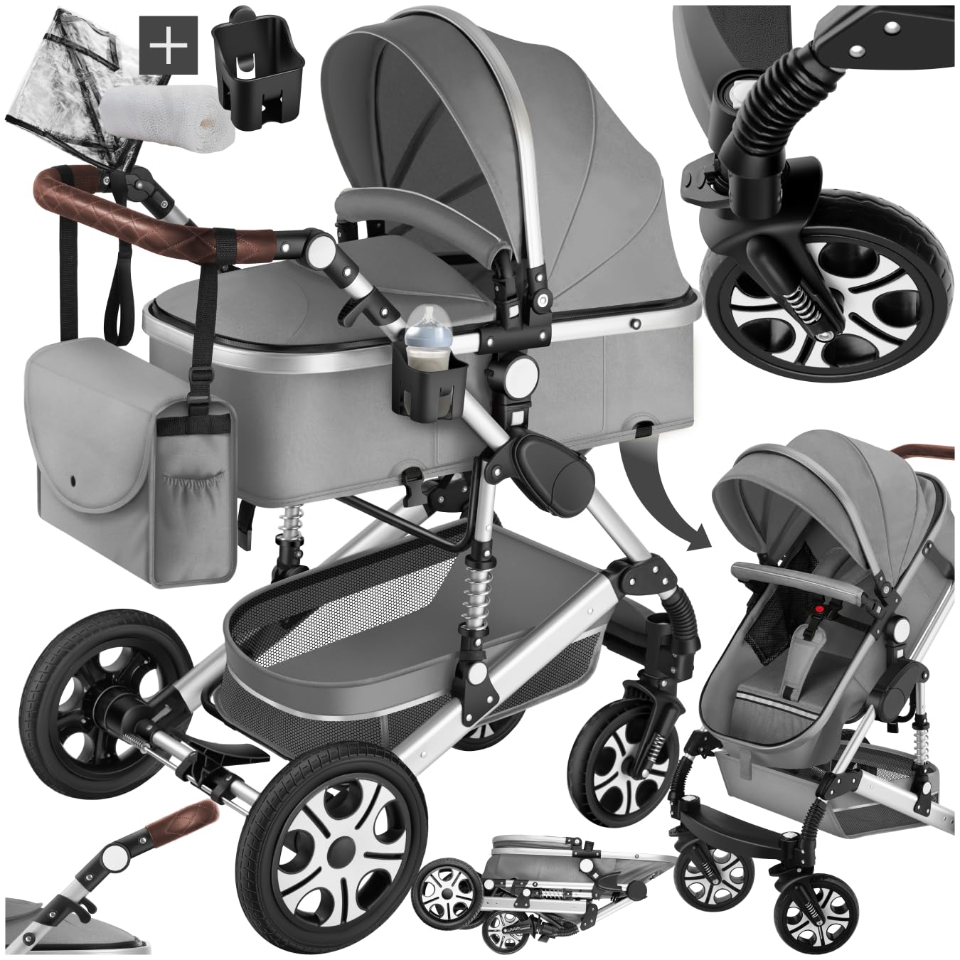 Tectake Poussette combinée pliable 0-36 mois nacelle siège sport harnais 5 points compacte voyage