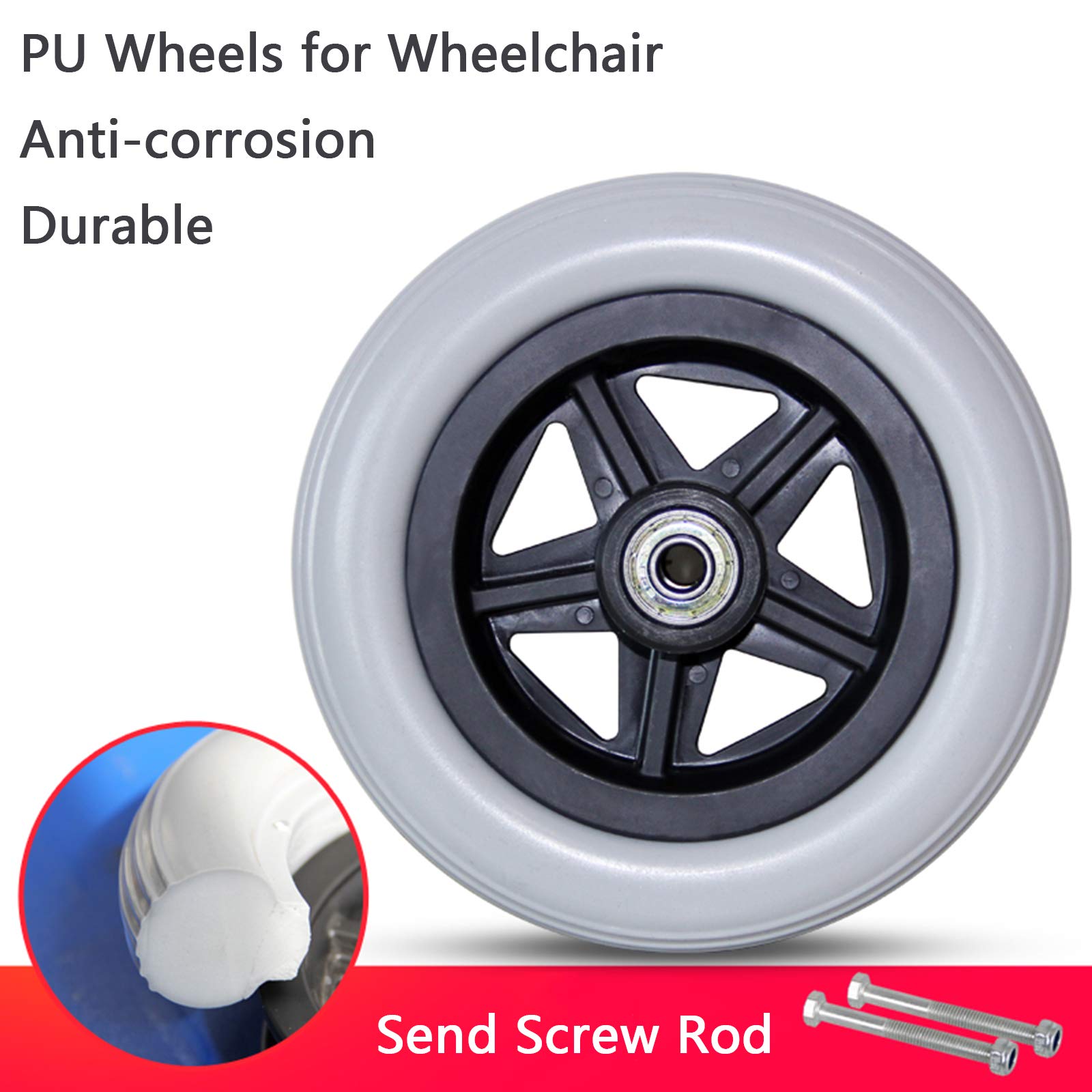 2-Rad-Ersatz für Rollstühle, Vorderrad in Schwarz, Festes Profil für leichteres Rollen, Nabenbreite 45 mm, PU-Reifen, 1 Paar, 6″,7″,8″
