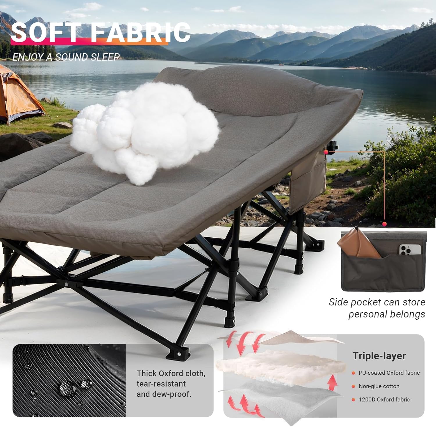 OVERMONT Lit de Camp Pliant avec Matelas Rembourré, Lit de Camping Pliable 190 x 70 x 40 cm, Supporte jusqu'à 250 kg, Confortable et Facile à Transporter pour Camping, Bureau, Jardin et Invités, Gris