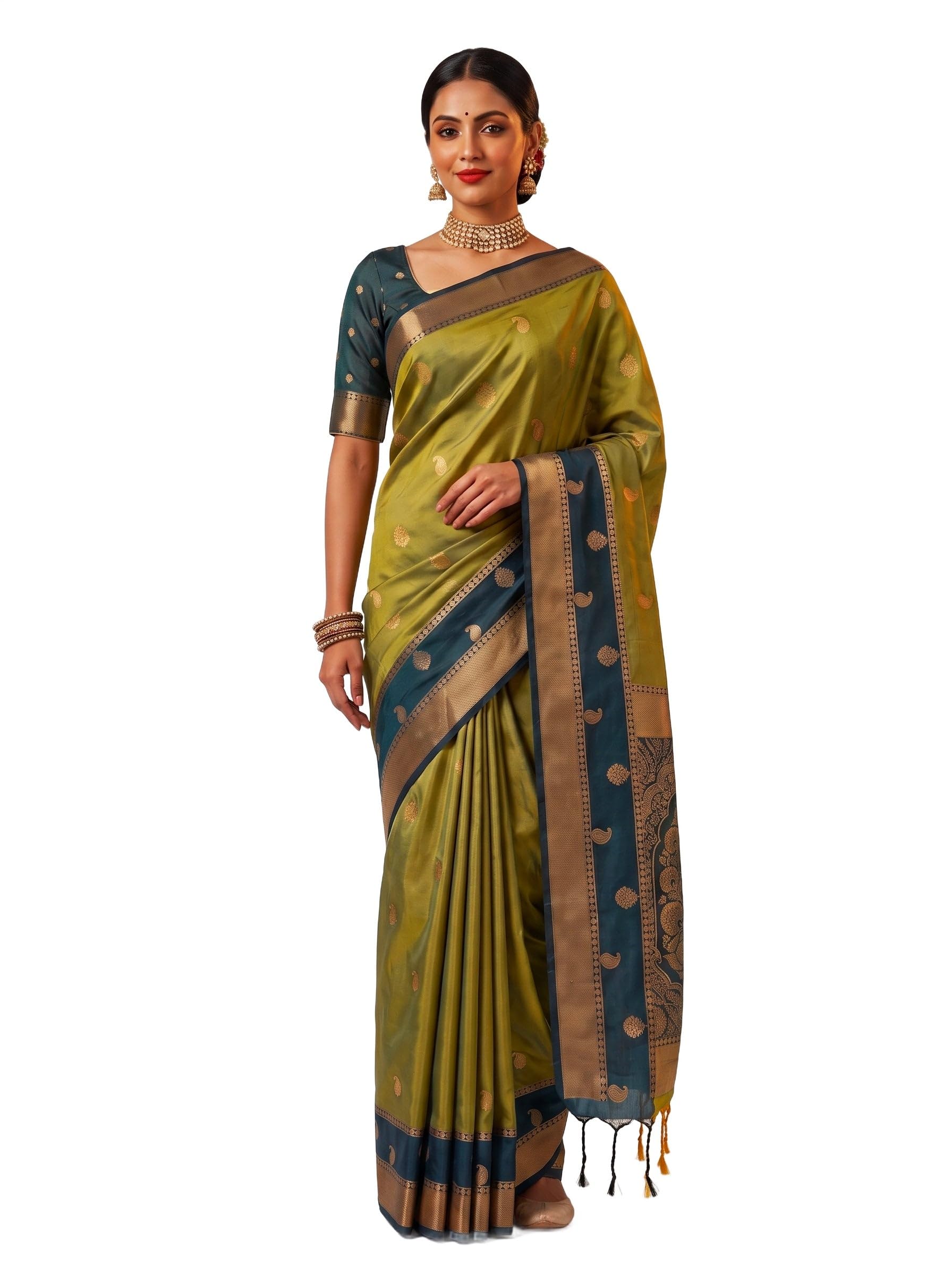 Women's Pista Art Silk Kanjivaram Saree (Unstitched Blouse) | Zari Woven | 6.2 Mtrs-image-30