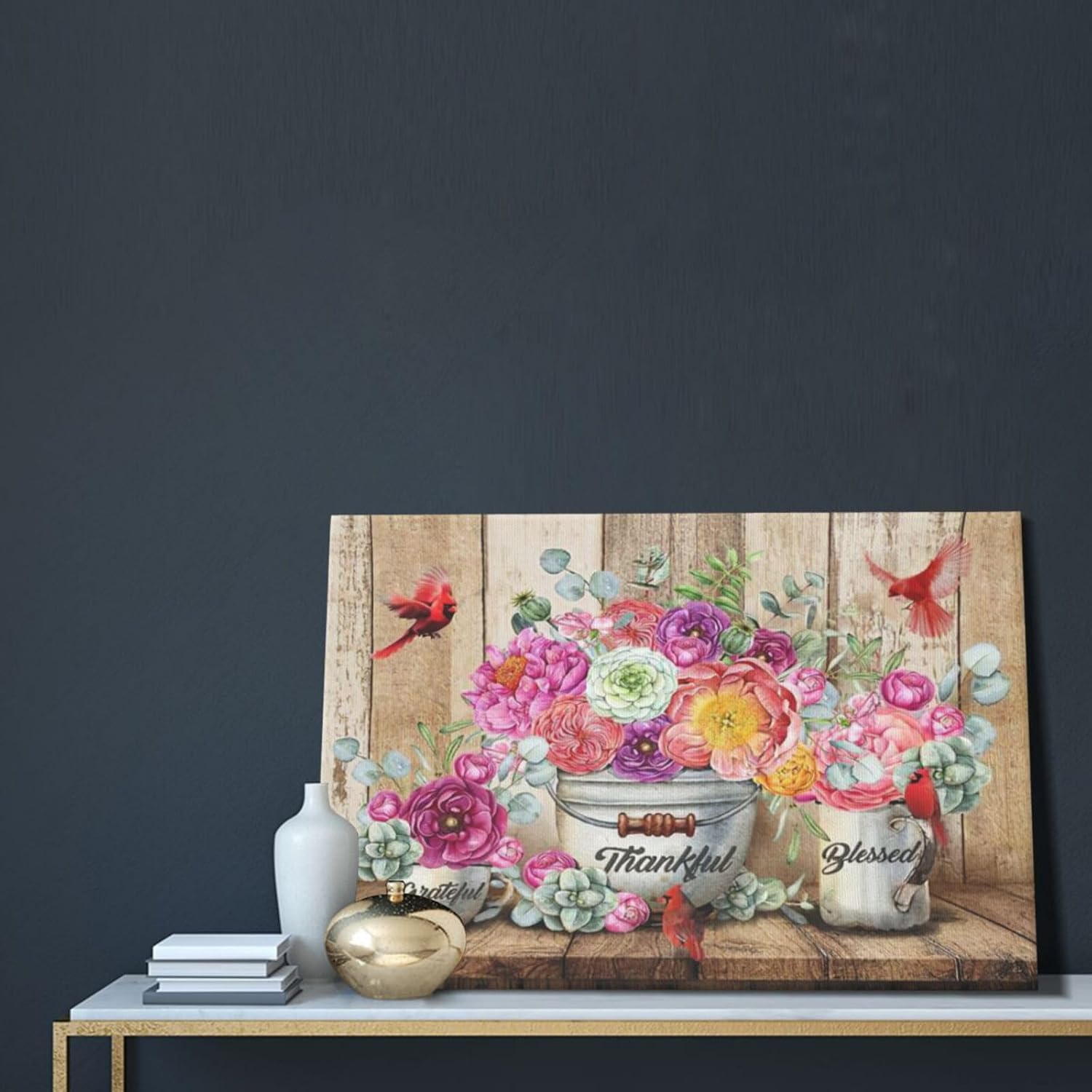 Vintage Flowers Canvas Wall Art Inspirational Pictures Wall Decor Farmhouse Flowers Blossom Artwork Painting Cardinal Modern Framed Poster Print for Home Living room Bedroom Bathroom Office 16"x24"