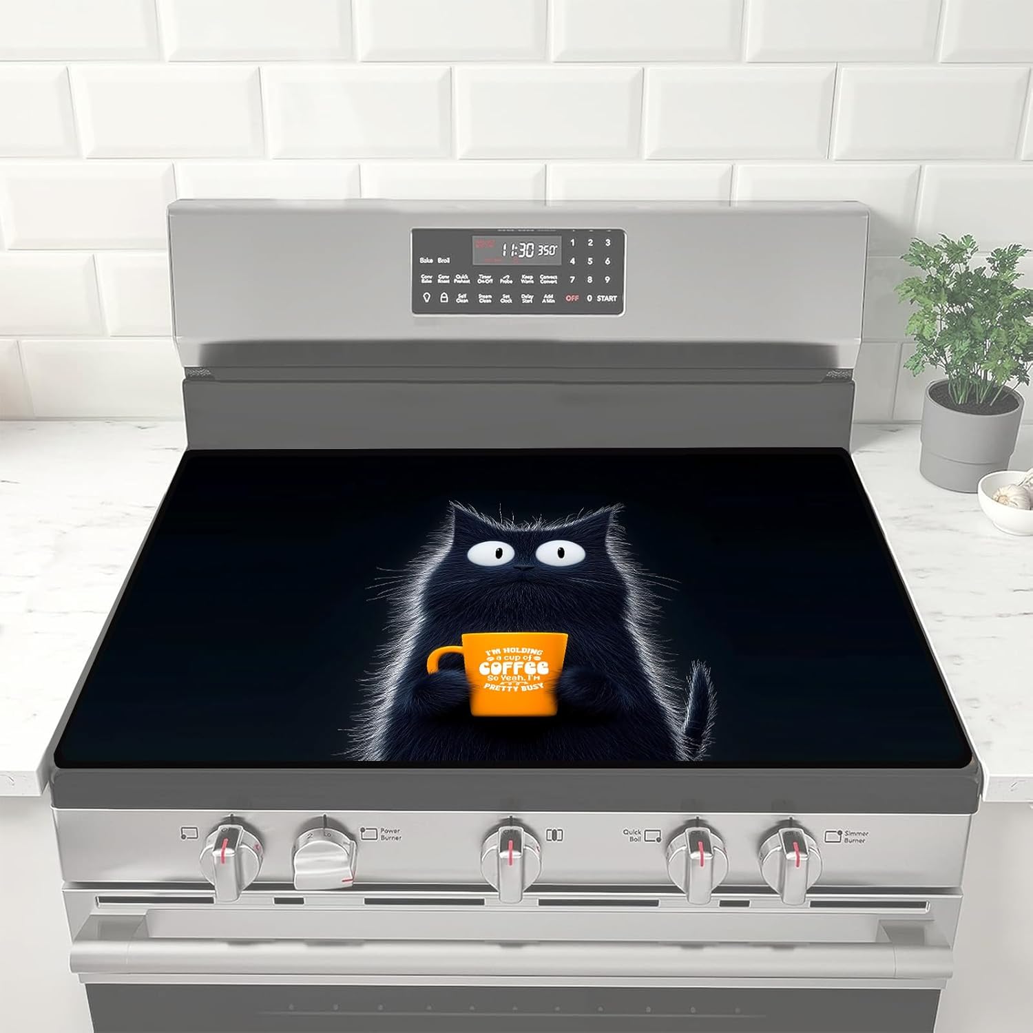 Electric Top Lid 28" x 20" | Goacifie Hob Cover | Heat Resistant Glass Top Cover | Thick Natural Rubber | Burner Cap Extension Space (Cats and Coffee)