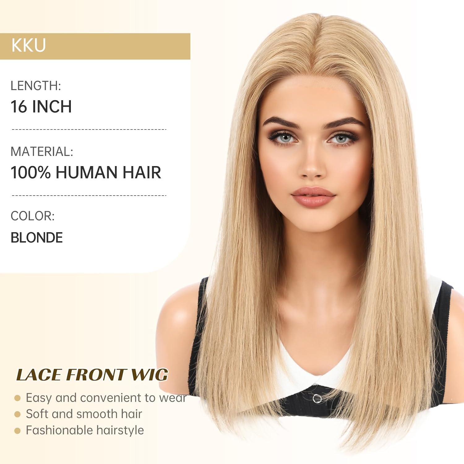 KKU 5x5 Lace Front Human Hair Wig,Real Hair Wigs for Women,Glueless,Non-Slip Silicone Pads and Skin-Friendly Cap(16 Inch, Blonde)