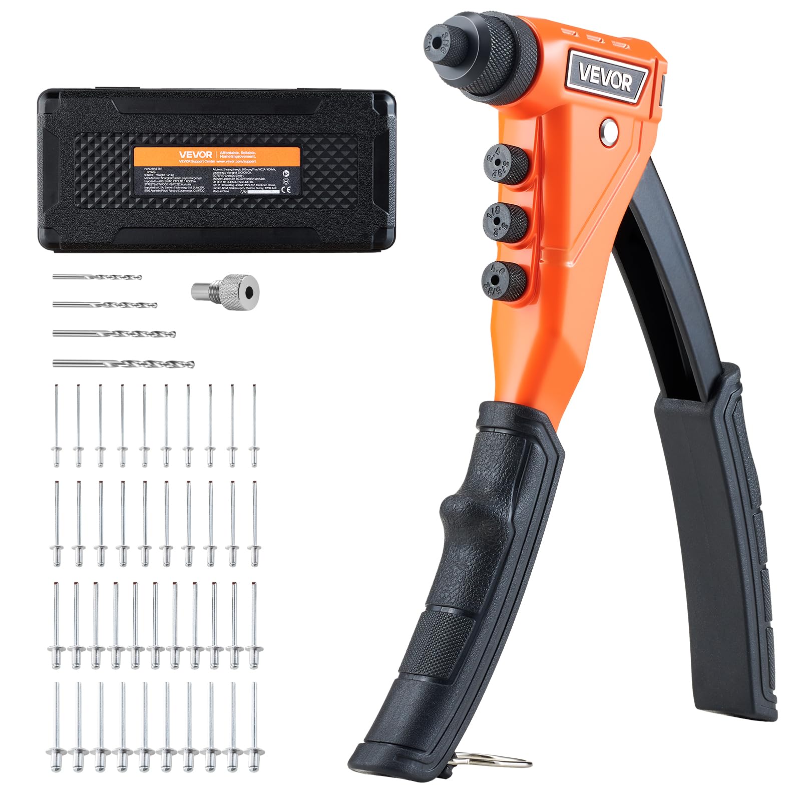 VEVOR Riveter Set with 200 Blind Rivets, 4 Interchangeable Nozzles, 4 Bits and Case, Manual for DIY Metal, Single Hand, 230 x 195 x 33 mm, Orange and Black