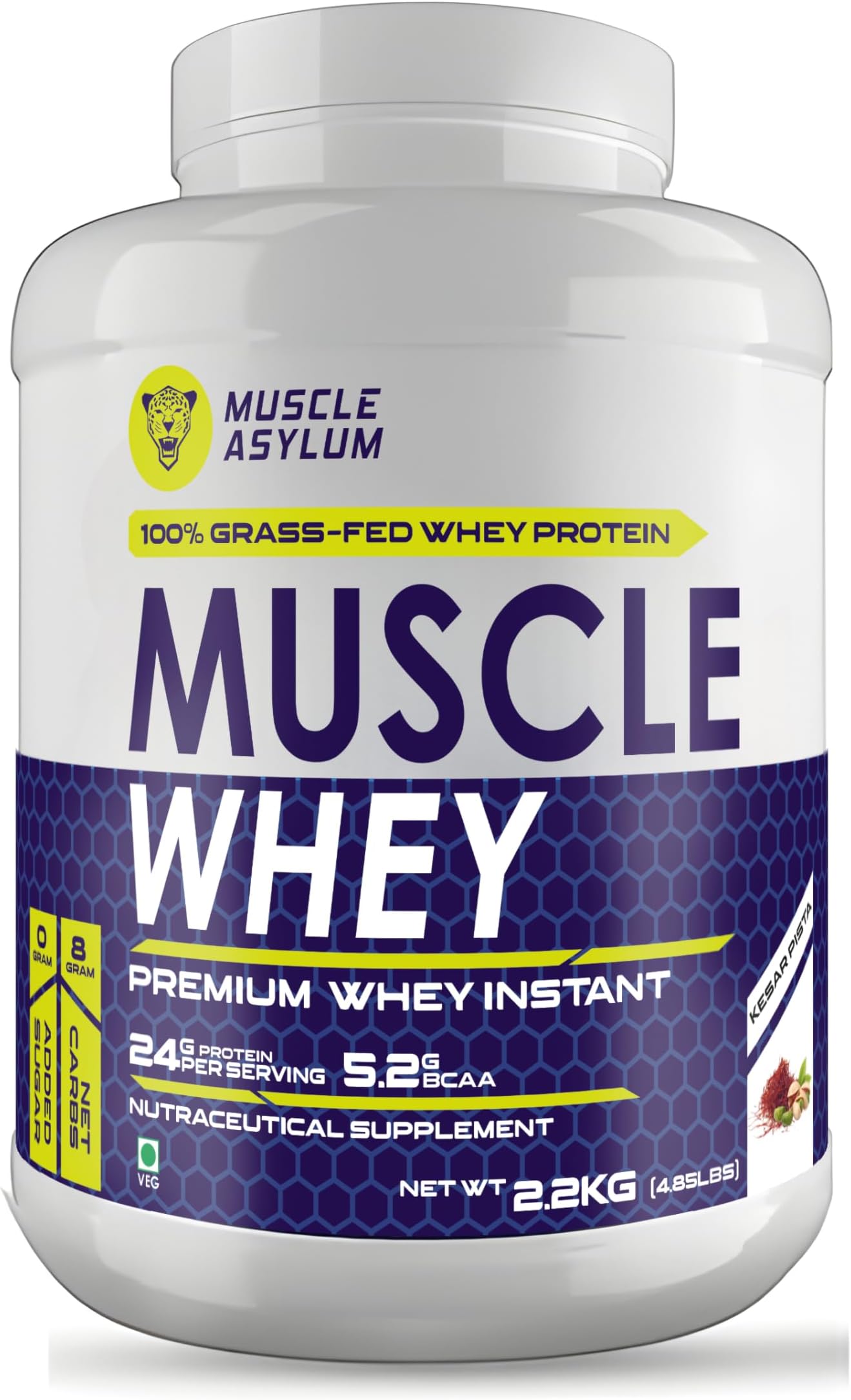 Muscle Asylum Premium Whey Protein | 2.2kg, 49 Servings | Kesar Pista Flavor | With Genuine Lab Reports | Easy to Digest | with 5.2g Bcaa per serve