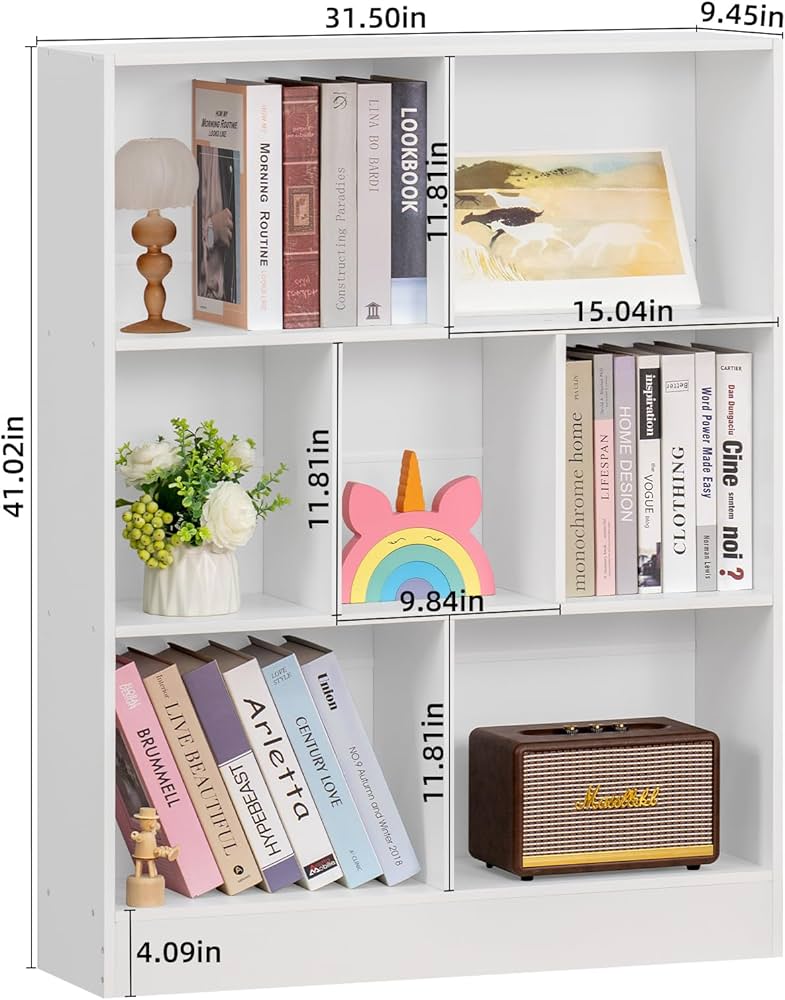 YAHARBO White 7 Cube Bookshelf,3 Tier Modern Horizontal Bookcase