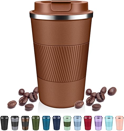 Miniatura 22 de Vasos de café aislados con tapa abatible de 12 oz / 17 onzas, taza de café de viaje de acero inoxidable a prueba de fugas, taza de café aislada al