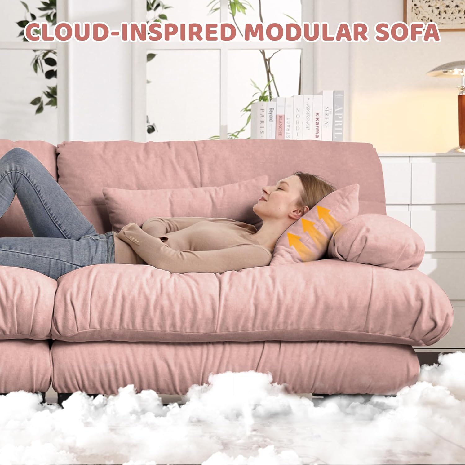 Ball & Cast 133.8" Modular Sectional Sofa,Oversized Couch 3 Seater Sofas,Large L Shaped Sectional Couches for Living Room, Fluffy Chenille Fabirc Cloud Couch with Ottoman, Deep Seat, Pink
