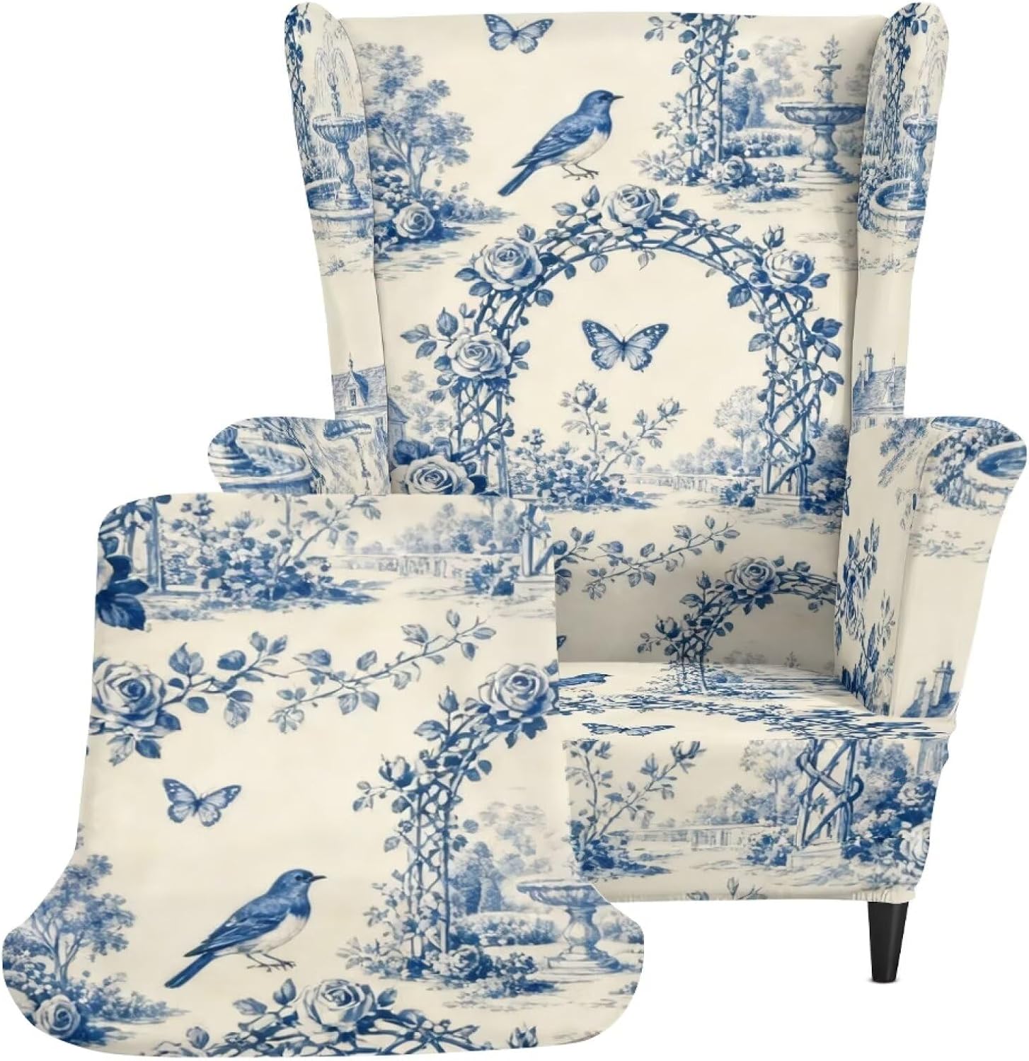 Blue Toile De Jouy Wingback Chair Cover Set with Cushion Cover
