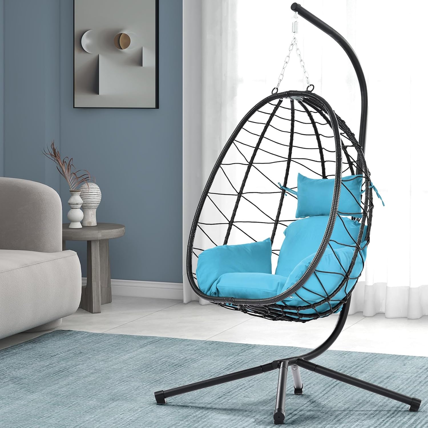 Hanging Egg Chair with Stand, Black Wicker Rattan Swing Egg Chair, Indoor Outdoor Swing Chair for Patio Balcony Porch Bedroom, 350 LBS Capacity (Red)
