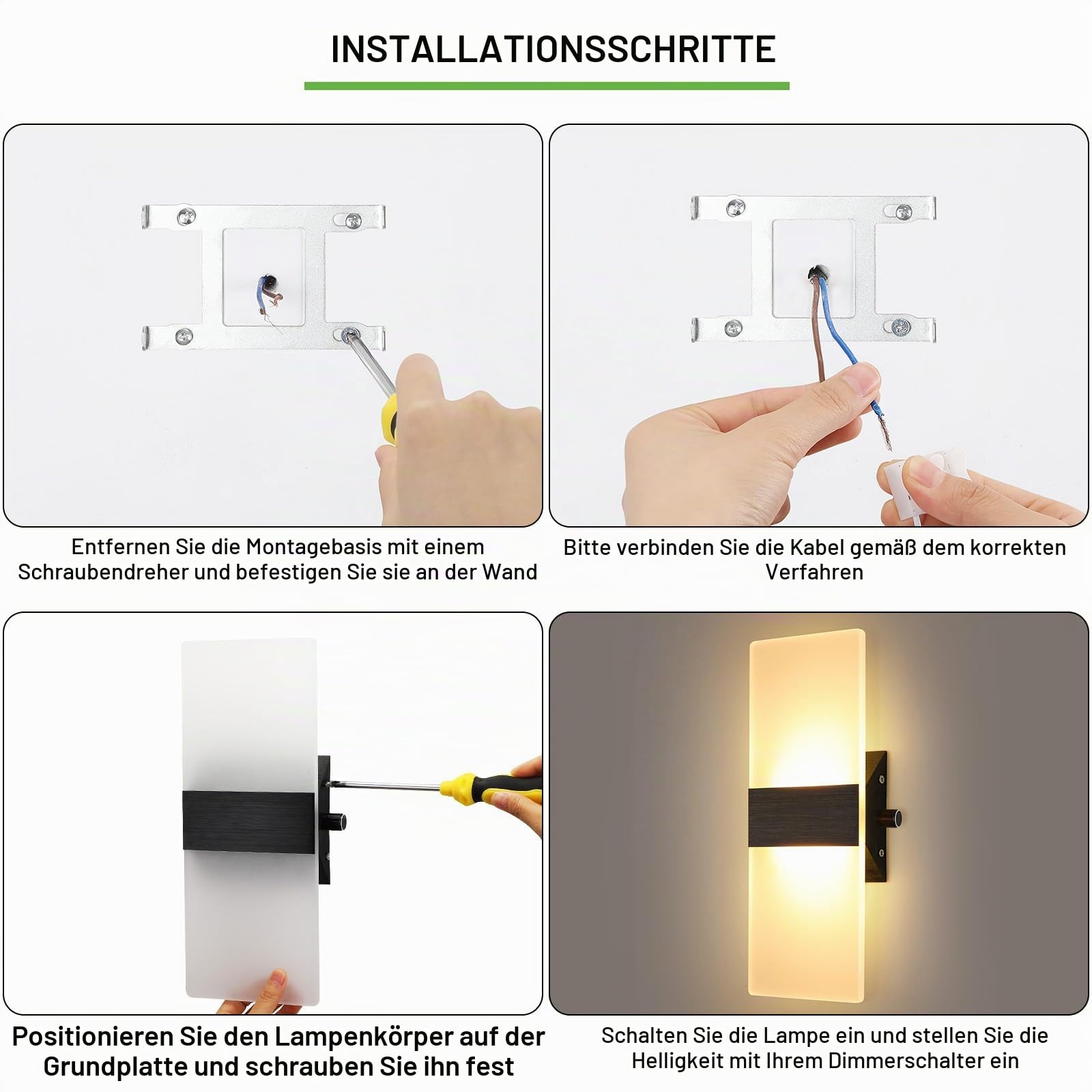 2 Stück Wandlampe mit Schalter Dimmbar Wandleuchte Innen Acryl | 12W 3000K LED Wandleuchte Für Treppenhaus Flurlampe Wand Wandlampe Schlafzimmer, 29CM, Warmweiß, Schwarz