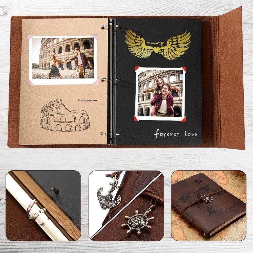 Scrapbook Album,ZEEYUAN Travel Album Leather Photo Album World Map Vintage DIY Memory Photo Book 60 Pages Our Adventure Book Scrape Book for Birthday Anniversary Wedding