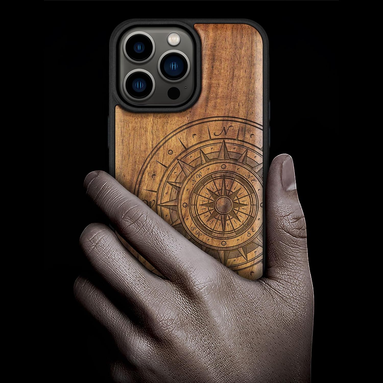 Carveit Magnetic Wooden Case for iPhone 15 Pro Max Case, Compatible with MagSafe Wireless Chargers, Black Soft TPU Shockproof Cover & Wood Artisan Engraved (Wave Compass) - Walnut