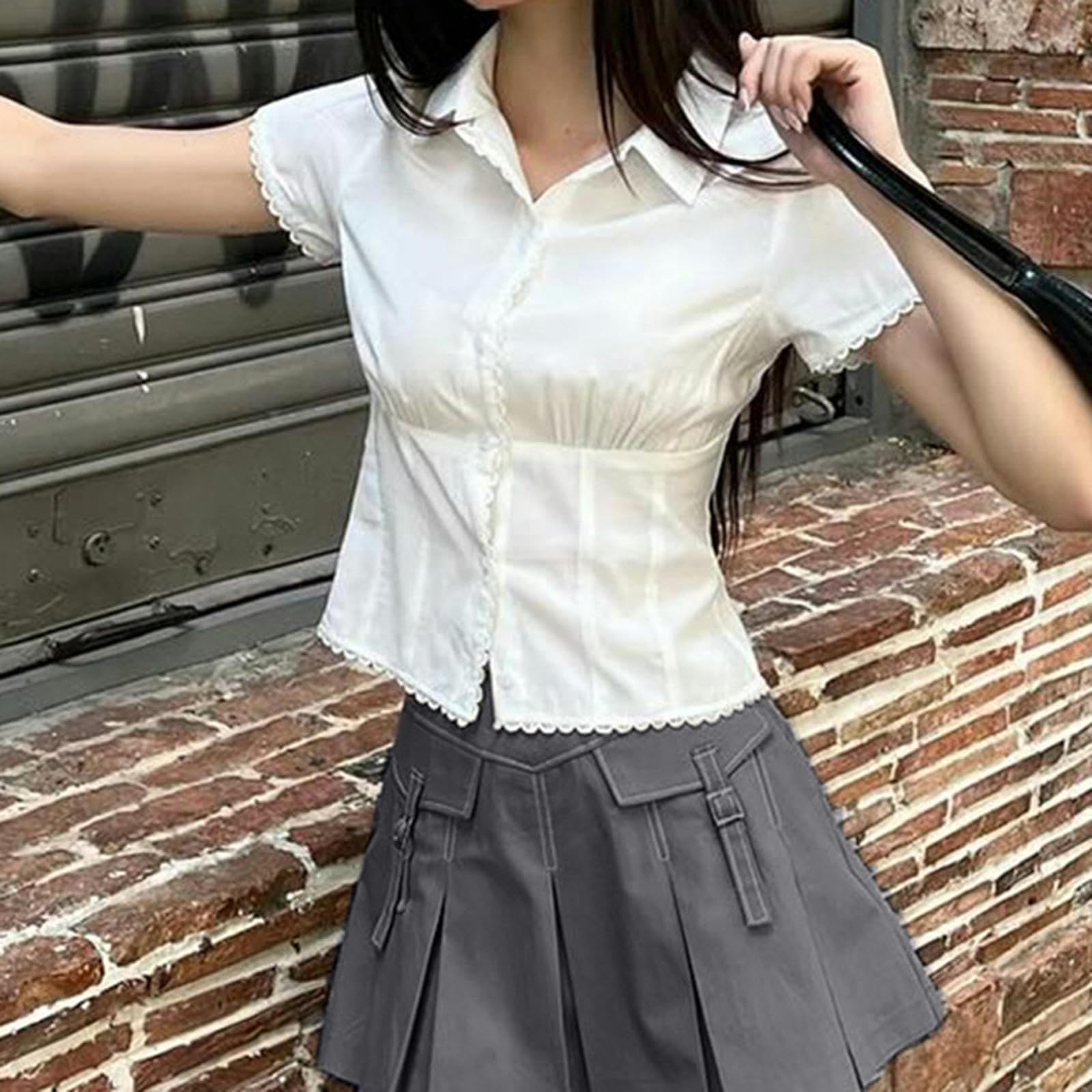 Camisa de Manga Corta con Botones y Solapa de Encaje para niñas, Top Corto versátil y Dulce Que Reduce la Edad - Blanco (Incluye Corbata) - L