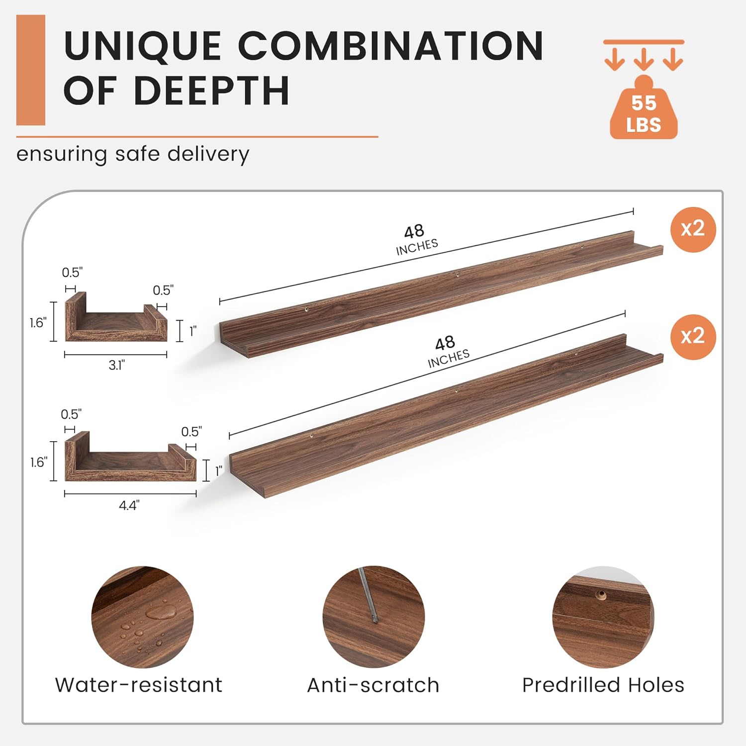 48 Inch Walnut Modern Wall-Mounted Wooden Picture Ledge Bookshelf Set of 4, Floating Shelves