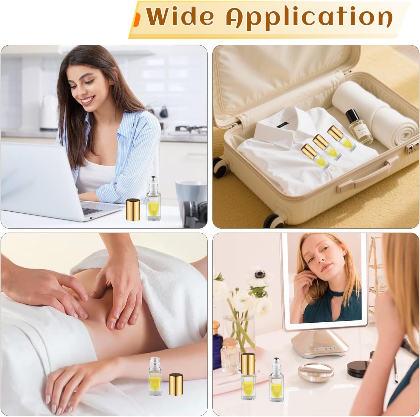20 Pcs Square Glass Roller Bottles Essential Oil Roller Bottles Empty Cosmetic Vials Containers with Stainless Steel Roller Balls & Gold Lids - 0.1oz/3ml