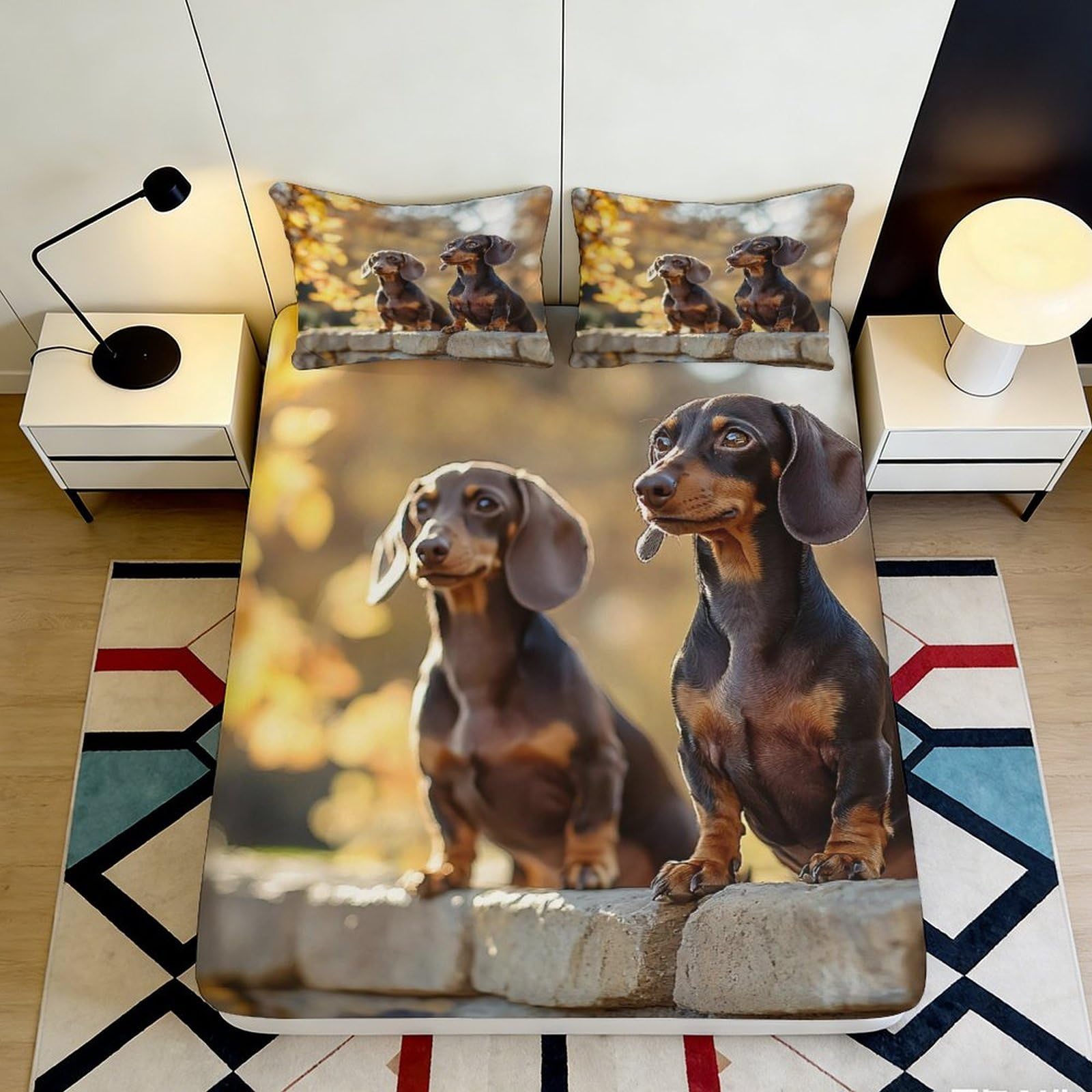 3D Printed Dachshund Dog Fitted Sheet Microfiber Soft Non-slip Autumn Leaves Bed Cover Machine Washable for Bedroom, Dorm, Guest Room, Easy Care, Decorative 120x200x25cm
