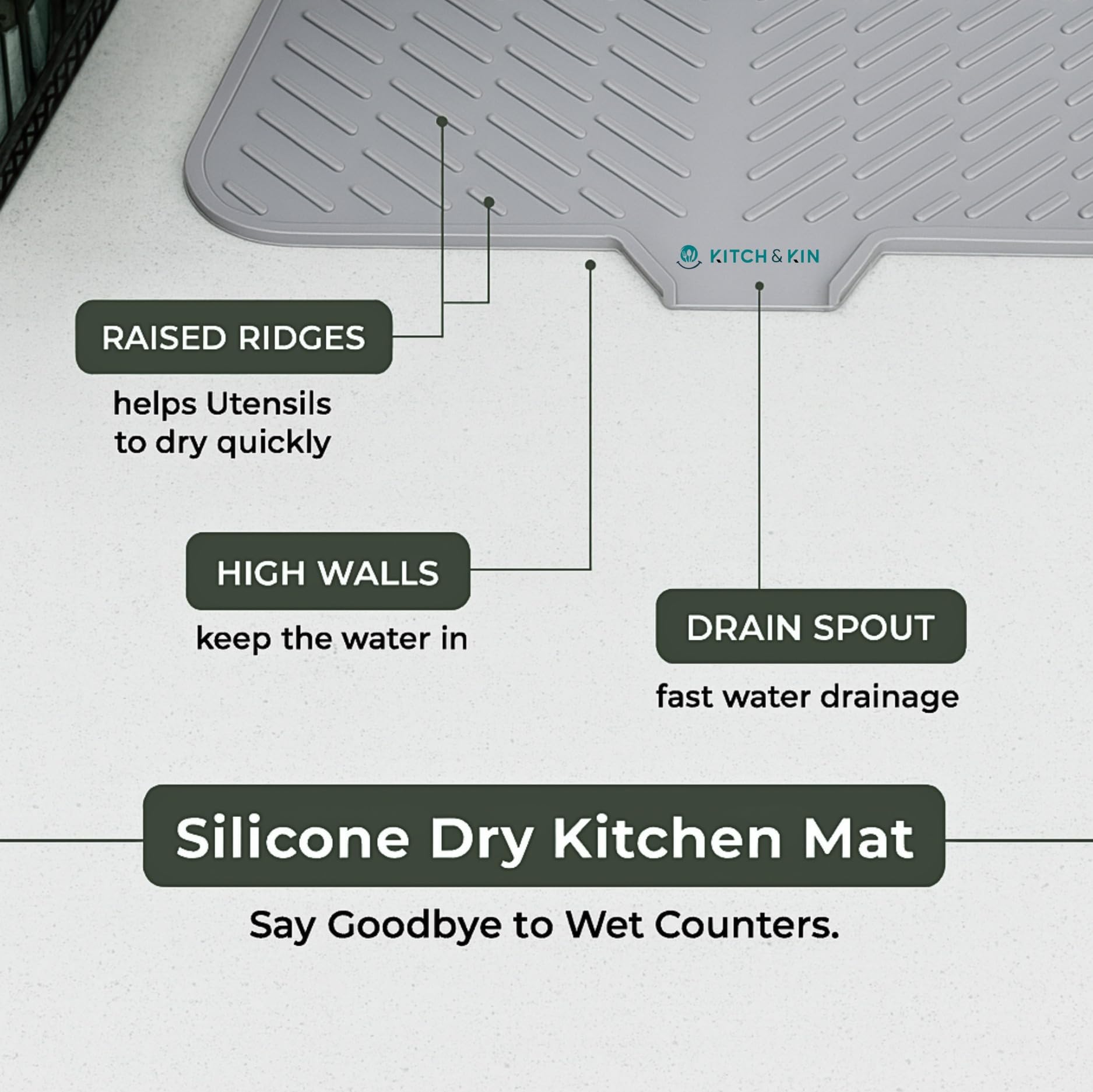 Grande tappetino scolapiatti in silicone per lavello da cucina, 58 x 43 cm, tappetino scolapiatti in silicone con bordo di scarico, tappetino scolapiatti per utensili, piatti, tazze, tappetino