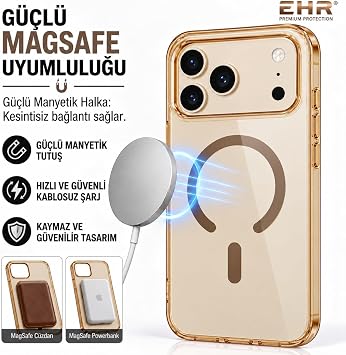 Ehr. iPhone 17 Pro/iPhone 18 Pro ile Uyumlu Magsafe Wireless Şarj Özellikli Kamera Çıkıntılı Sararmaz Sert Şeffaf Silikon Kılıf (Kahverengi, iPhone 17 Pro/iPhone 18 Pro)