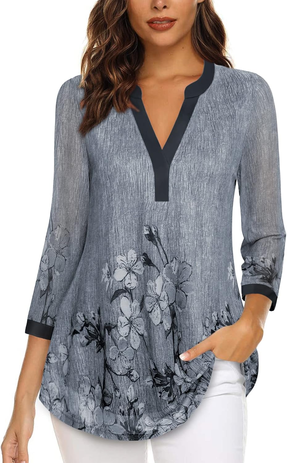 Timeson Women's 3/4 Sleeve Blouses Casual V Neck Dress Shirts Double Layers Mesh Tunics Tops