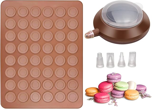GOOHOME Silicone Macaron Baking Mat 48 Holes Capacity Macaron Non- Stick Baking Sheet Tray Macaron Making Set with Decorating Pen and 4 Nozzles for Macaron Cupcake Dessert