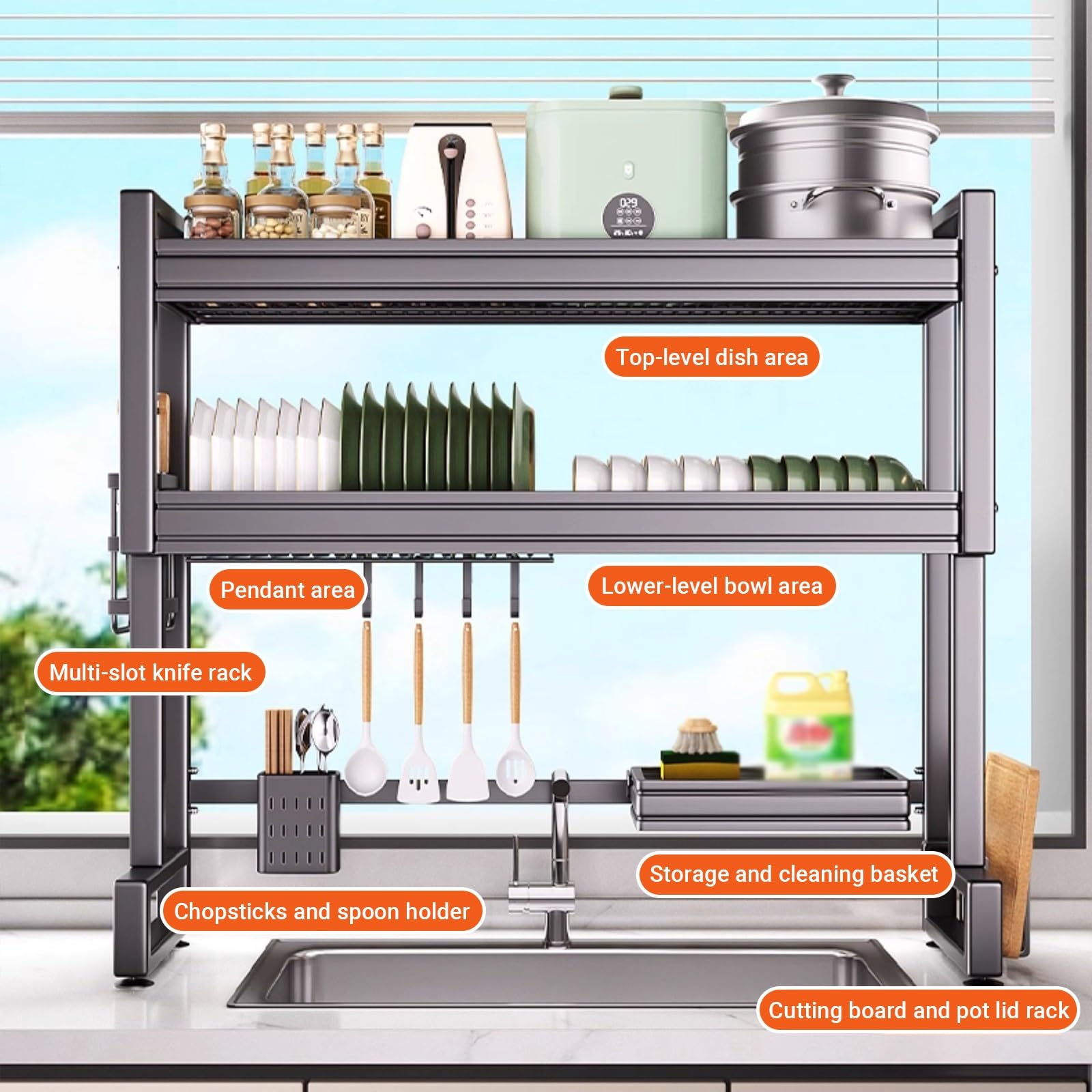 Escurridor de platos multifuncional de acero inoxidable para colgar platos, ahorro de espacio para cocina, platos, vasos, cubiertos