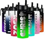 Personalized Kids Water Bottle with Straw Lid on Neon Green Ombre for School Engraved Custom Children Name 18 oz Modern Insulated Stainless Steel