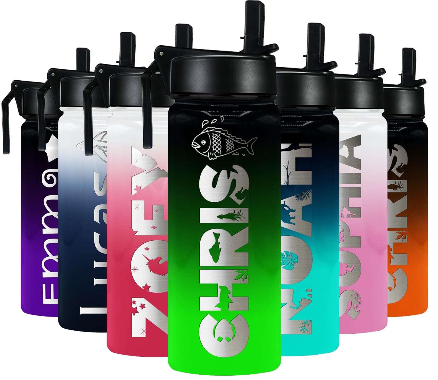 Personalized Kids Water Bottle with Straw Lid on Neon Green Ombre for School Engraved Custom Children Name 18 oz Modern Insulated Stainless Steel