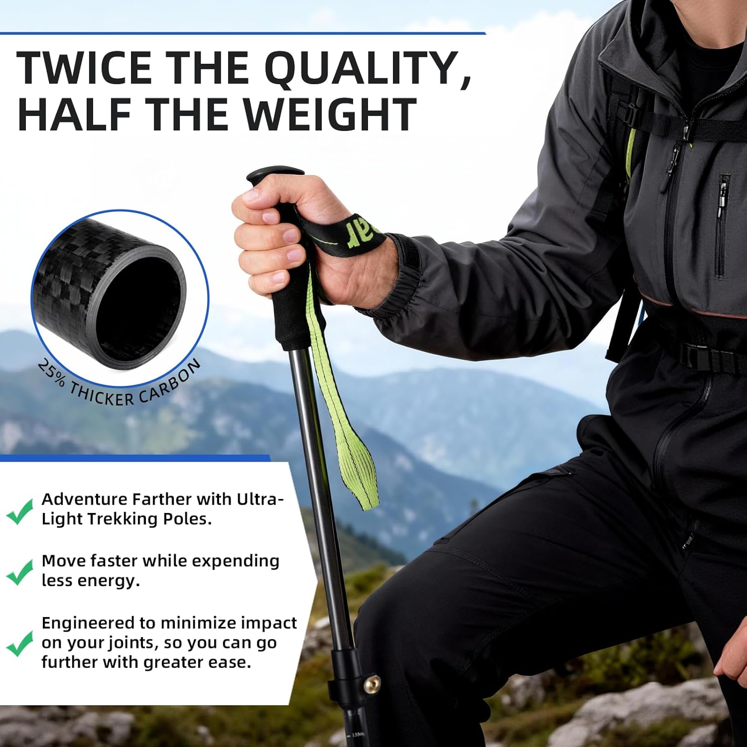 aiGear Carbon Fiber Trekking Poles, Ultra Strong Lightweight Collapsible Hiking Poles with Cork Grips Quick Flip Locks & All-Terrain Accessories for Men & Women Backpacking Camping