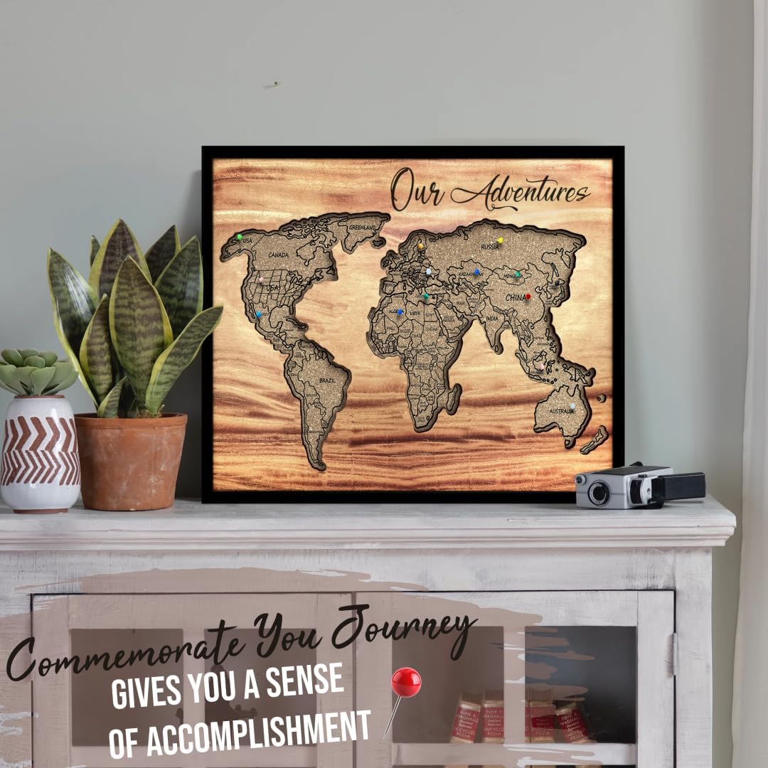 flinelife Cork World Push Pin Map,12X10, World Travel Map With Pins, Perfect For Couples or Retirement Gift