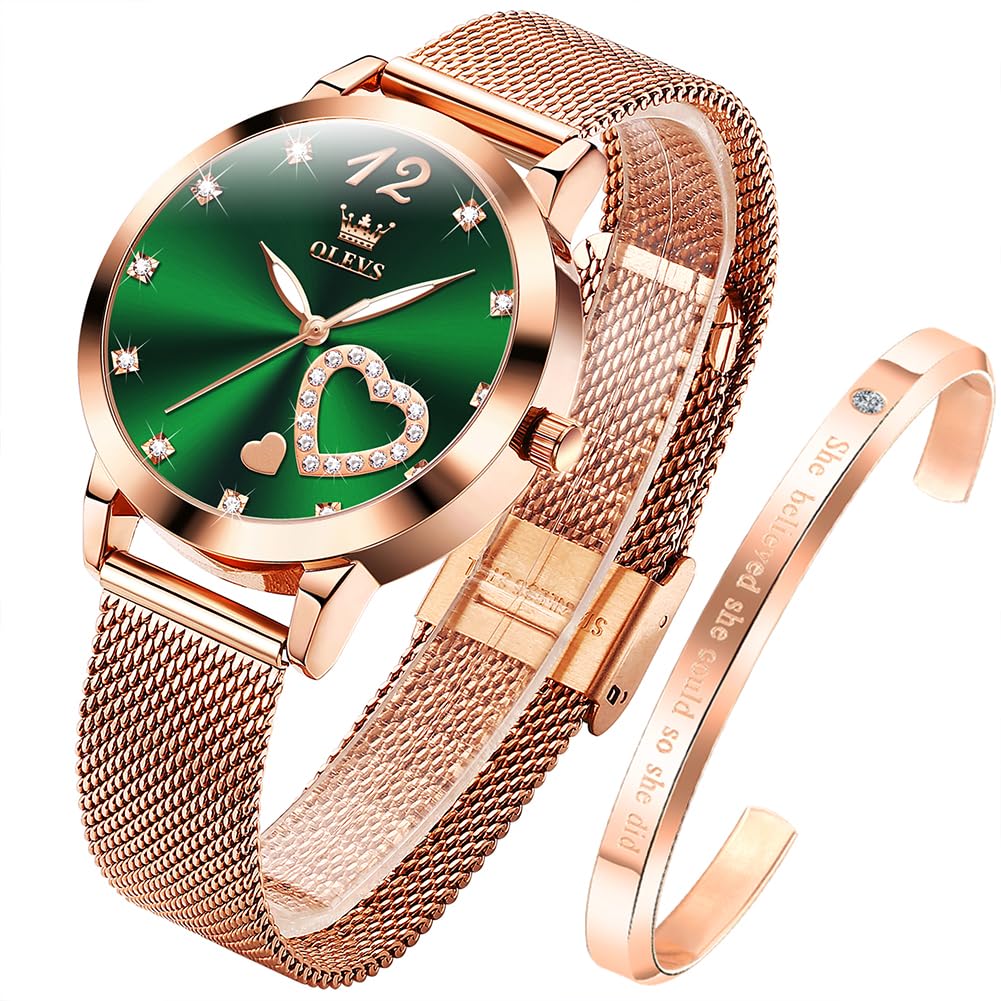 OLEVS Damenuhr Roségold mit Herz Diamant Quarz Armbanduhr Wasserdicht Gürtel Armreif Set