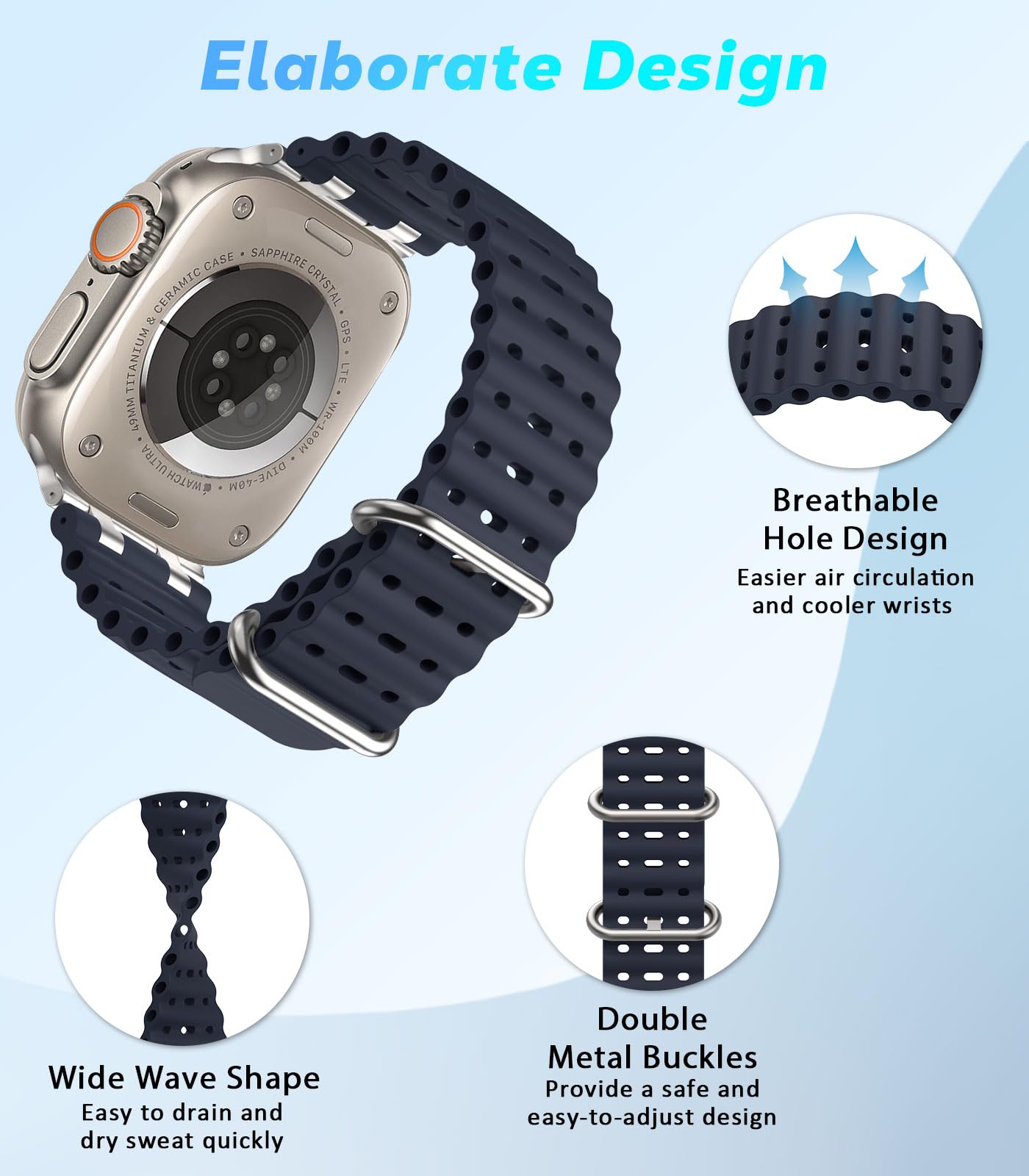 Astorgos Cinturino Ocean compatibile con Apple Watch Ultra 2/Ultra 49mm, S10 46mm, 9/8/7 45mm, SE/6/5/4 44mm, 3/2/1 42mm, Cinturini Sportivo con Connettore in Metallo per Uomo e Donna