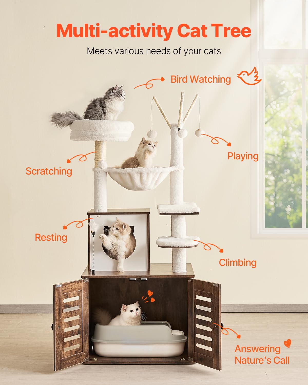VEVOR Large Cat Tree with Litter Box Enclosure, 54.33 inches Tall, 2-in-1 Cat Tower, Multi-Level Cat Condo Furniture with Perches, Sisal Scratching Posts, Hammock, Big Kittens House for Indoor Cats