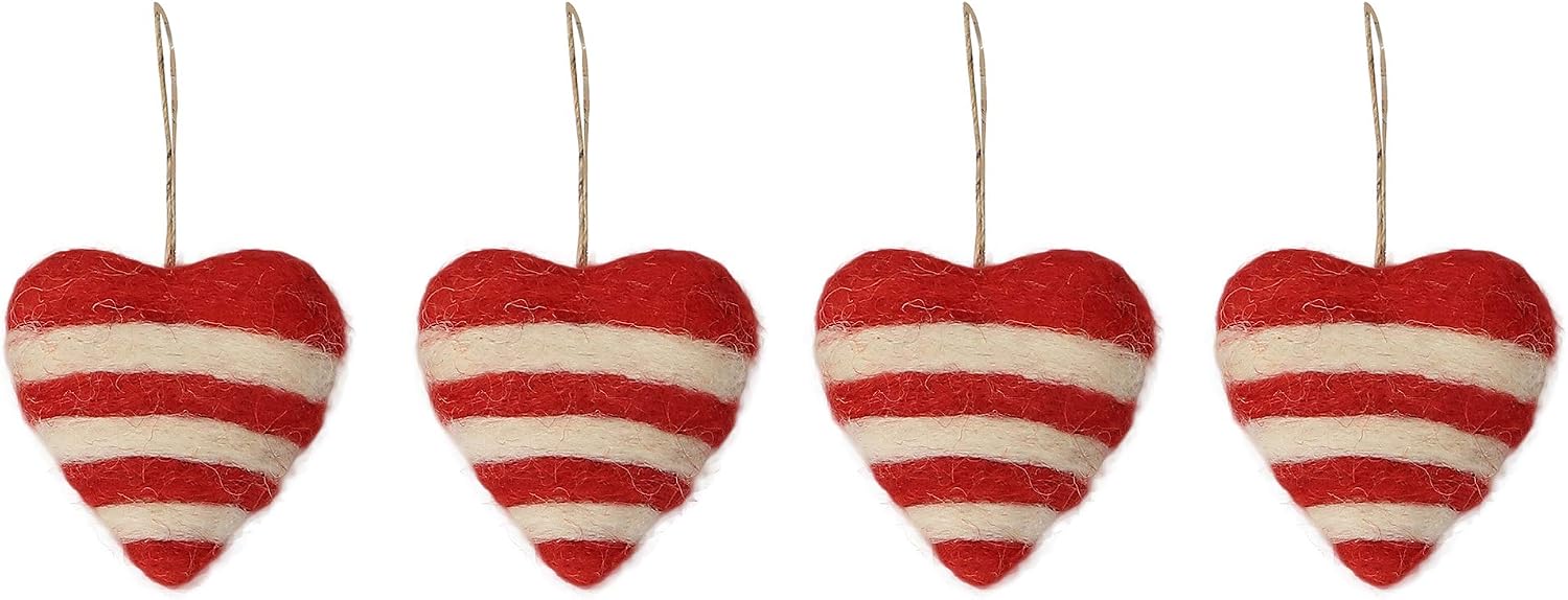 De Kulture Handmade Premium Wool Felt Hanging Heart Bauble Eco Friendly Needle Felted Ornament Stuffed Valentine Gift Ideal for Home Office Party Decoration Holiday Décor, Set of 4 (Red & White)