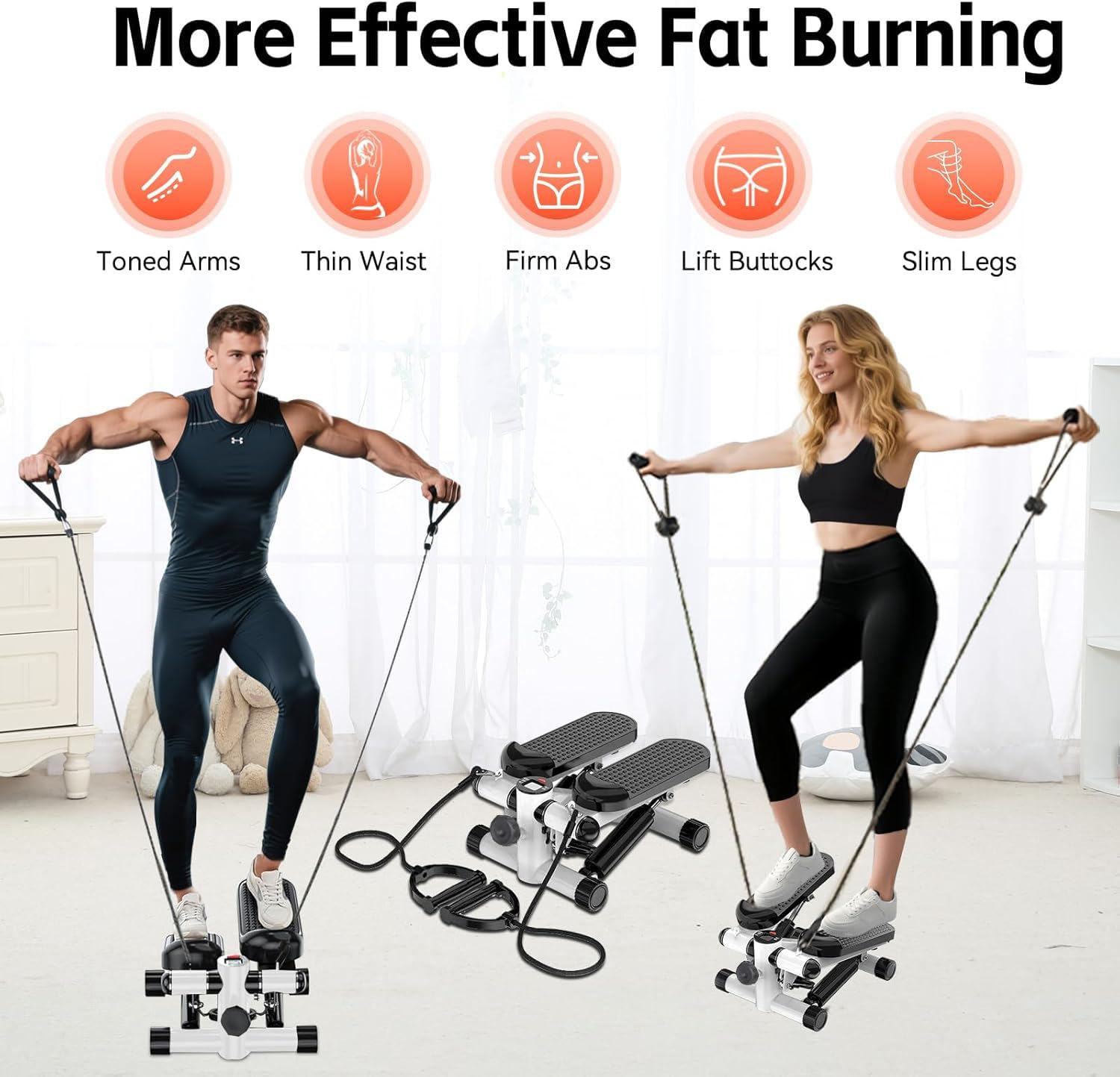 Portable 2-in-1 Mini Stepper Machine with Adjustable Resistance Bands, LCD Monitor,Legs, Thighs, Waist,Tone Your Buttocks, Cardio Exercise and 2 Bungee Cords for Home/Gym Workouts for All.