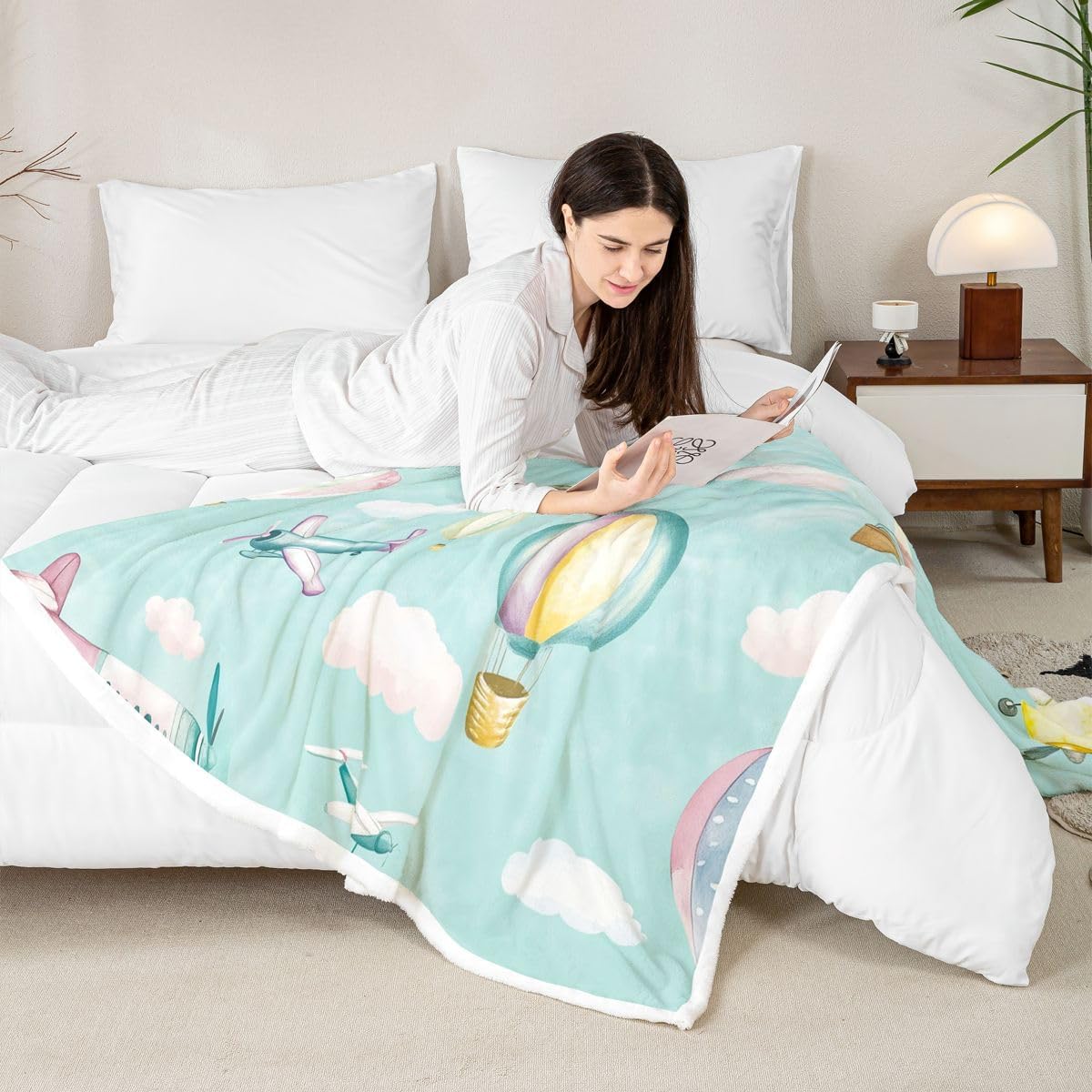 Erosebridal Hand Drawn Aircraft Fuzzy Plush Throw Teal Flying Plane Fleece Blanket Cute Catoon Airplane Sherpa Blanket for Kids Boys Girls,Air Transport Helicopter Decor for Bed Couch 40"x50"