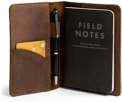 Leather Field Notes Cover, Leather Notebook Cover 3.5 x 5.5 in. with Card and Pen Holder, Handmade Protective Storage for Pocket Moleskine Journal Cover, Book & Notebooks, Notepad Wallet for Travelers Bourbon Brown