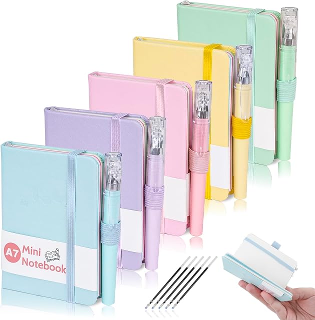 Mulaibdin 5 Pcs Pocket Notebook, Small Journaling Notebooks Pocket Size | A7 Notebooks Pen Set, Portable Mini