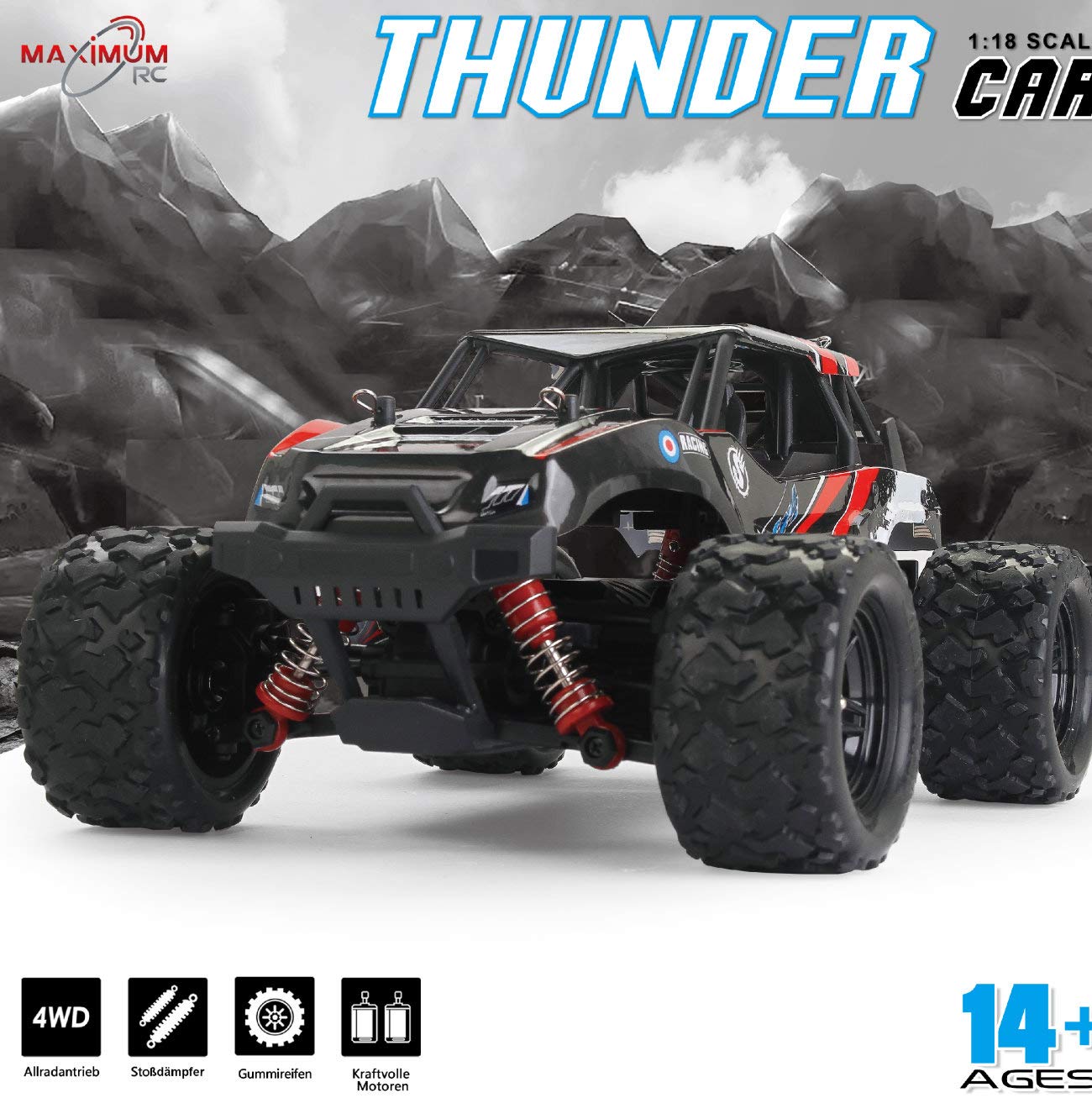 FunTomia Maximum RC Monster Truck - 4WD Thunder Car 36 km/h zdalnie sterowany samochód - części zamienne (1 x Monster Truck/Thunder Car)