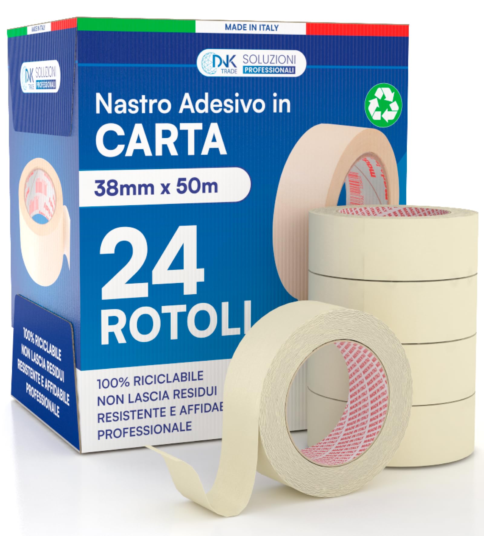 DNK TRADE Ruban de papier – 24 rouleaux de ruban de peintres 38 mm x 50 m – Papier gommé professionnel 38 x 50 recyclable pour masquage peinture et blanchiment