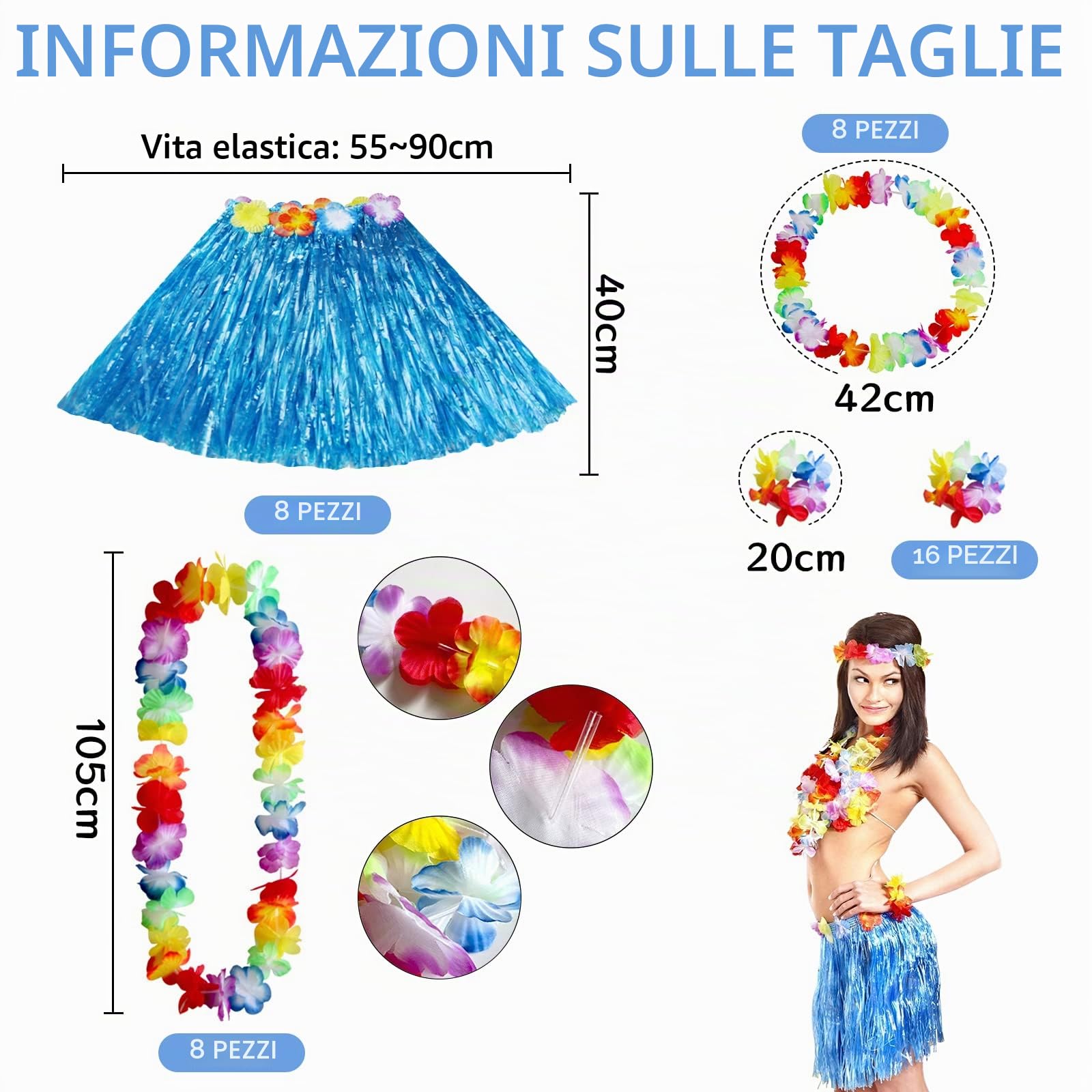 40 Pezzi Gonna Hawaiana Set con 8 Hula Hawaiana,8 Ghirlanda Hawaiana Collana fiori,8 Corona e 16 Bracciali, Costume hawaiano Hula Gonna per Festa Hawaiana Luau Party Decorazione Festa in Spiaggia