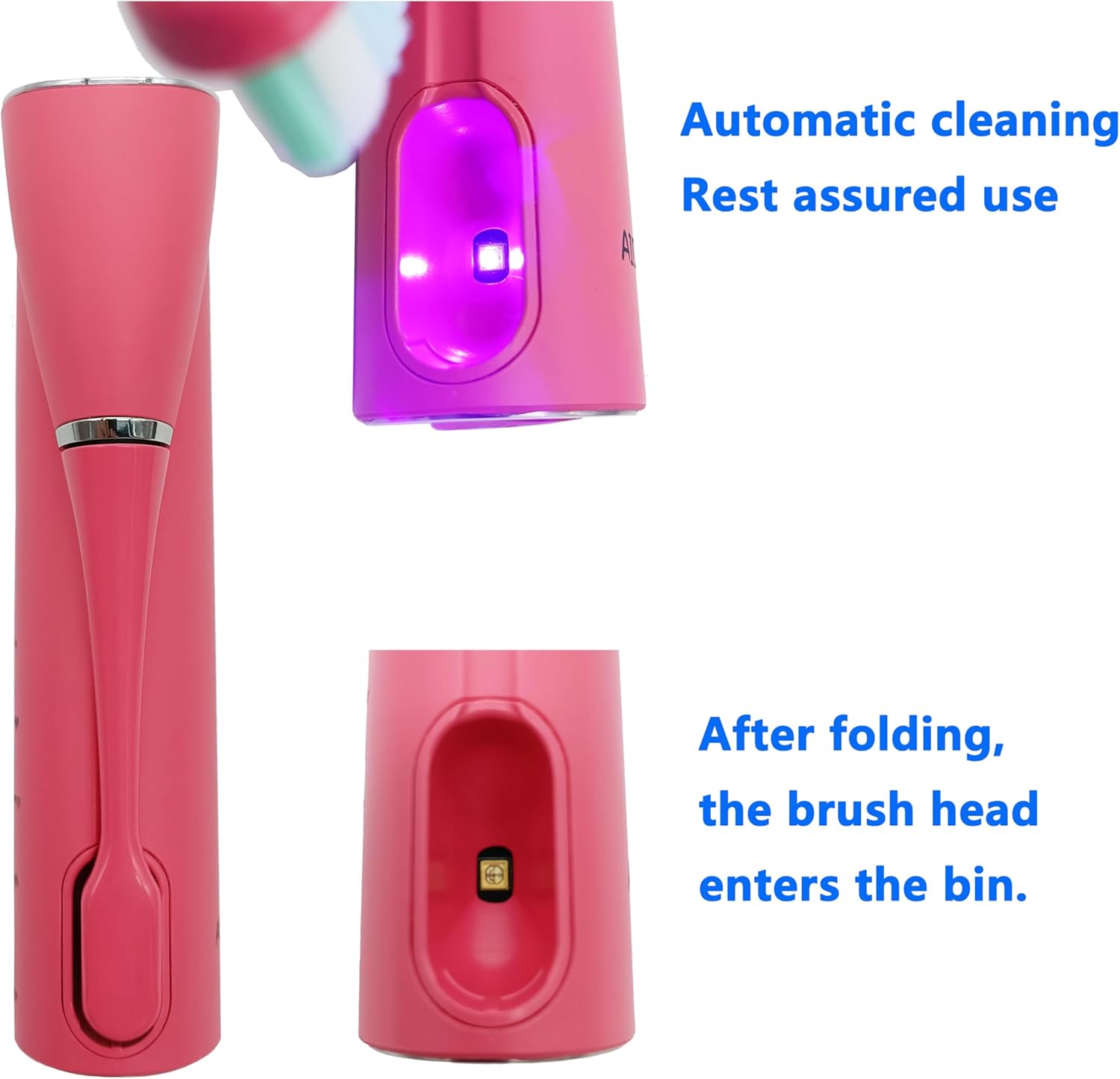 Folding Sonic Electric Toothbrush Pink Self Cleaning Travel Rechargeable Portable. 4 Brush Heads. Travel Bag.