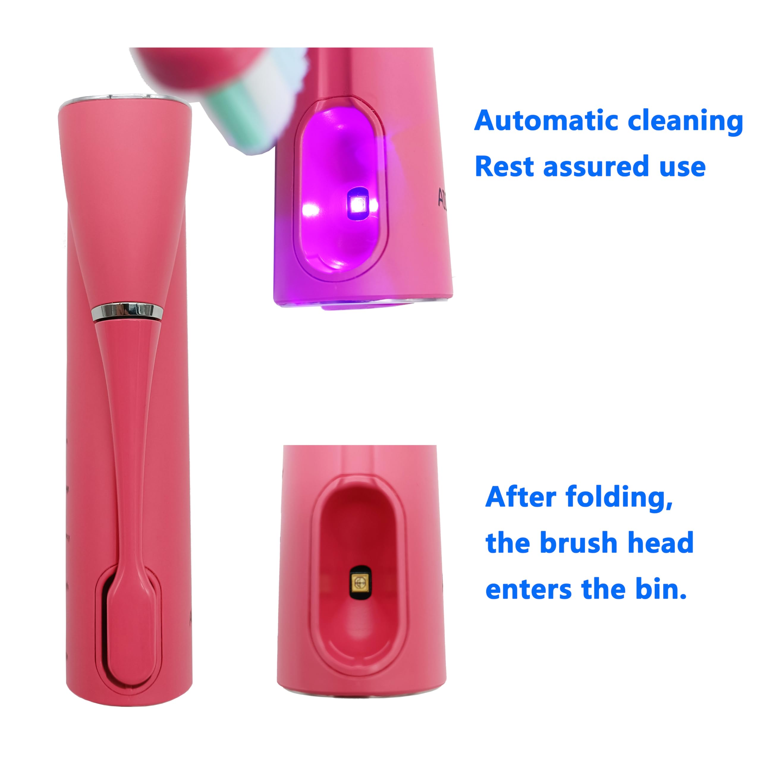 cepillo eléctrico AIDBYIOT Sonic Mango plegable. Autolimpiante cepillo para polvo de viaje Accesorios Apple Recargables. Rosa. 4 cabezales de cepillo para polvo. Bolsa de viaje.