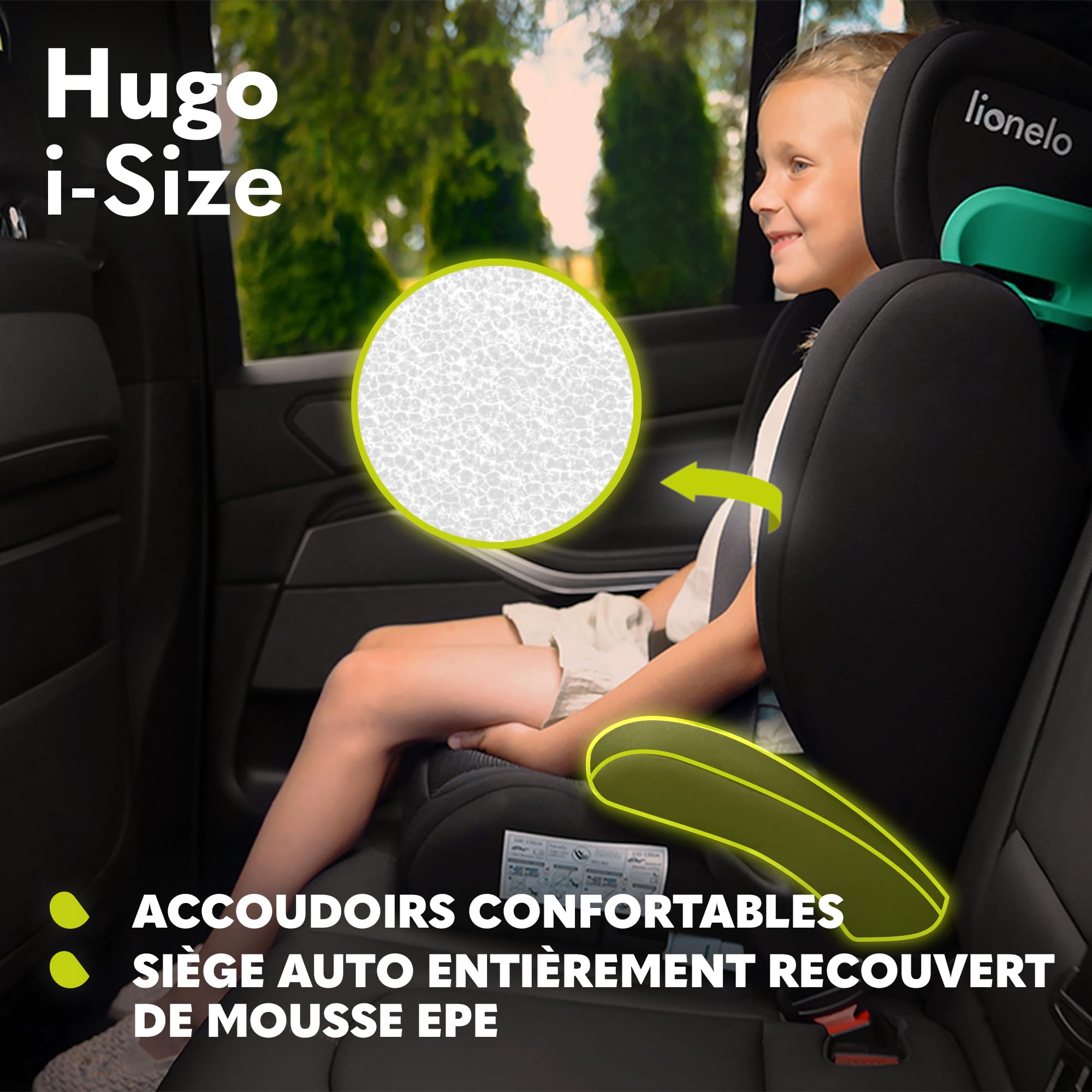LIONELO HUGO I-SIZE Rehausseur Voiture Enfant Siège Auto Groupe 2 3 100-150 cm ISOFIX Appui-tête Réglable Memory Foam Protection Latérale Accoudoirs BLACK CARBON