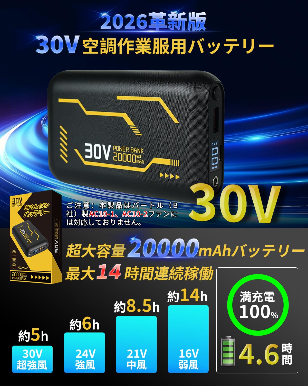 Amazon.co.jp: 空調作業服 バッテリー 30V高出力 20000mAh大容量 空調
